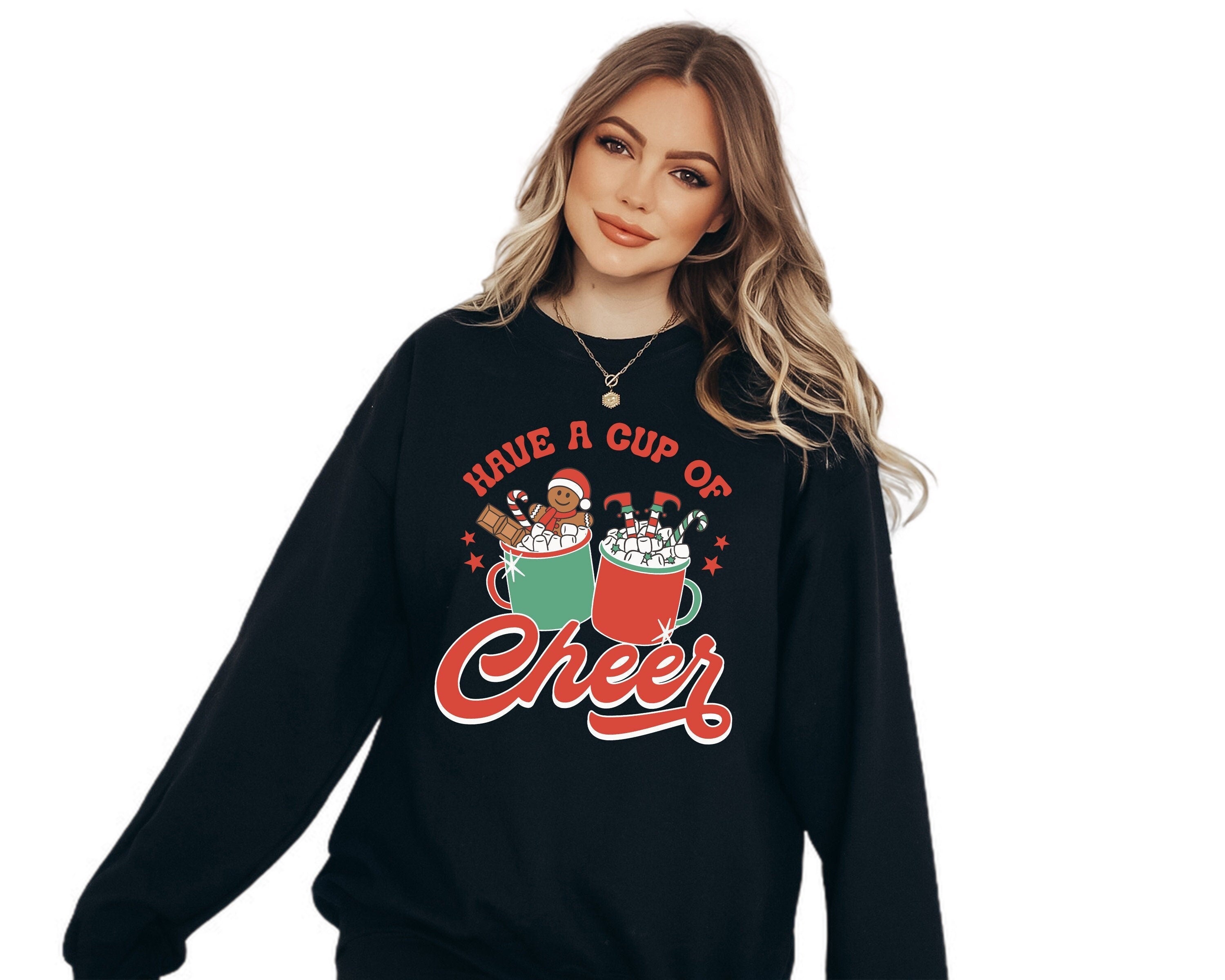 Have a Cup of Cheer Cocoa Sweater, Vintage Christmas, Christmas Sweatshirt, Women's Cute Santa, Xmas