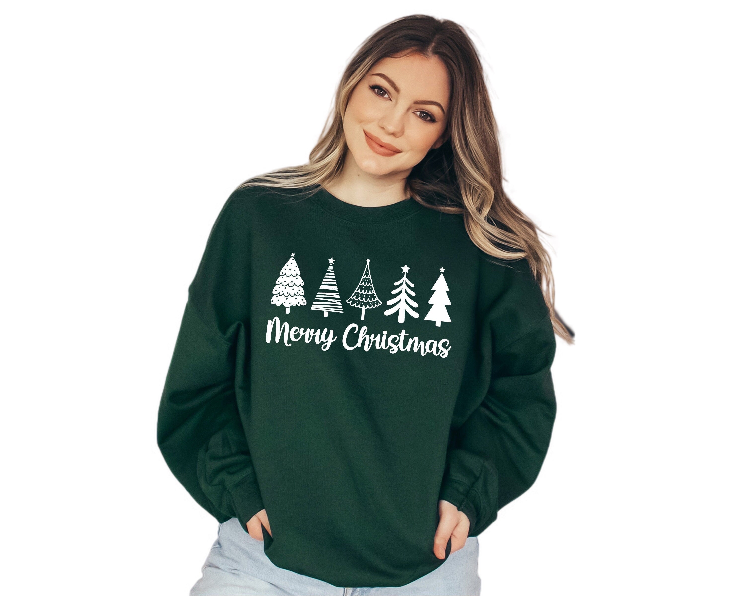 Boho Merry Christmas Tree Sweater, Vintage Christmas, Christmas Sweatshirt, Women's Cute Santa, Xmas