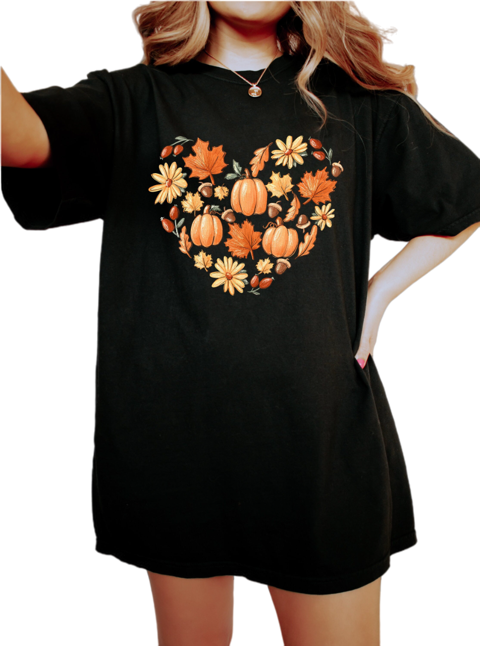 Retro Fall Vintage Washed Shirt, Pumpkins and Leaves Heart, Vintage Thanksgiving Shirt, Pumpkin