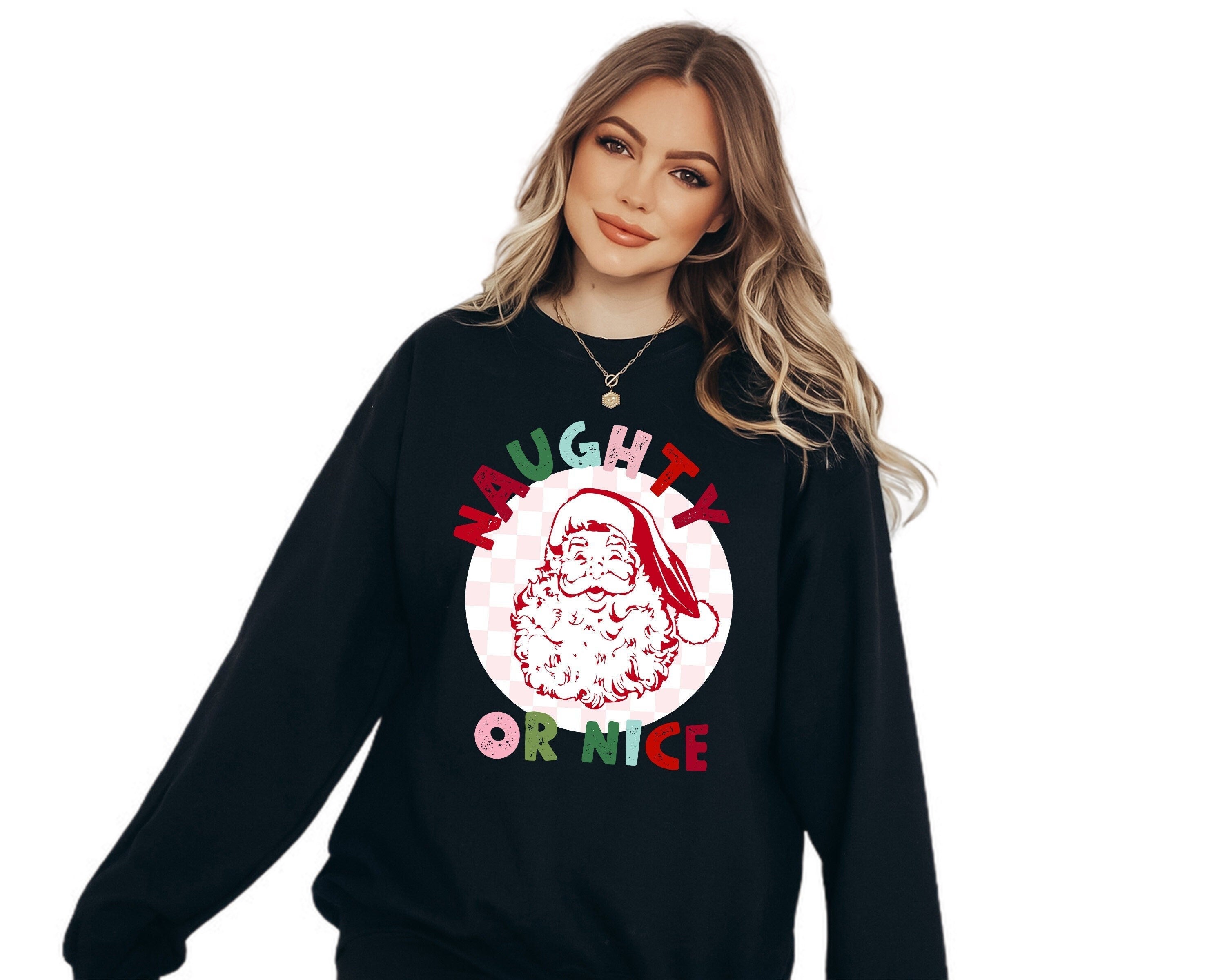 Naughty or Nice Santa Sweater, Vintage Christmas, Christmas Sweatshirt, Women's Cute Santa, Xmas