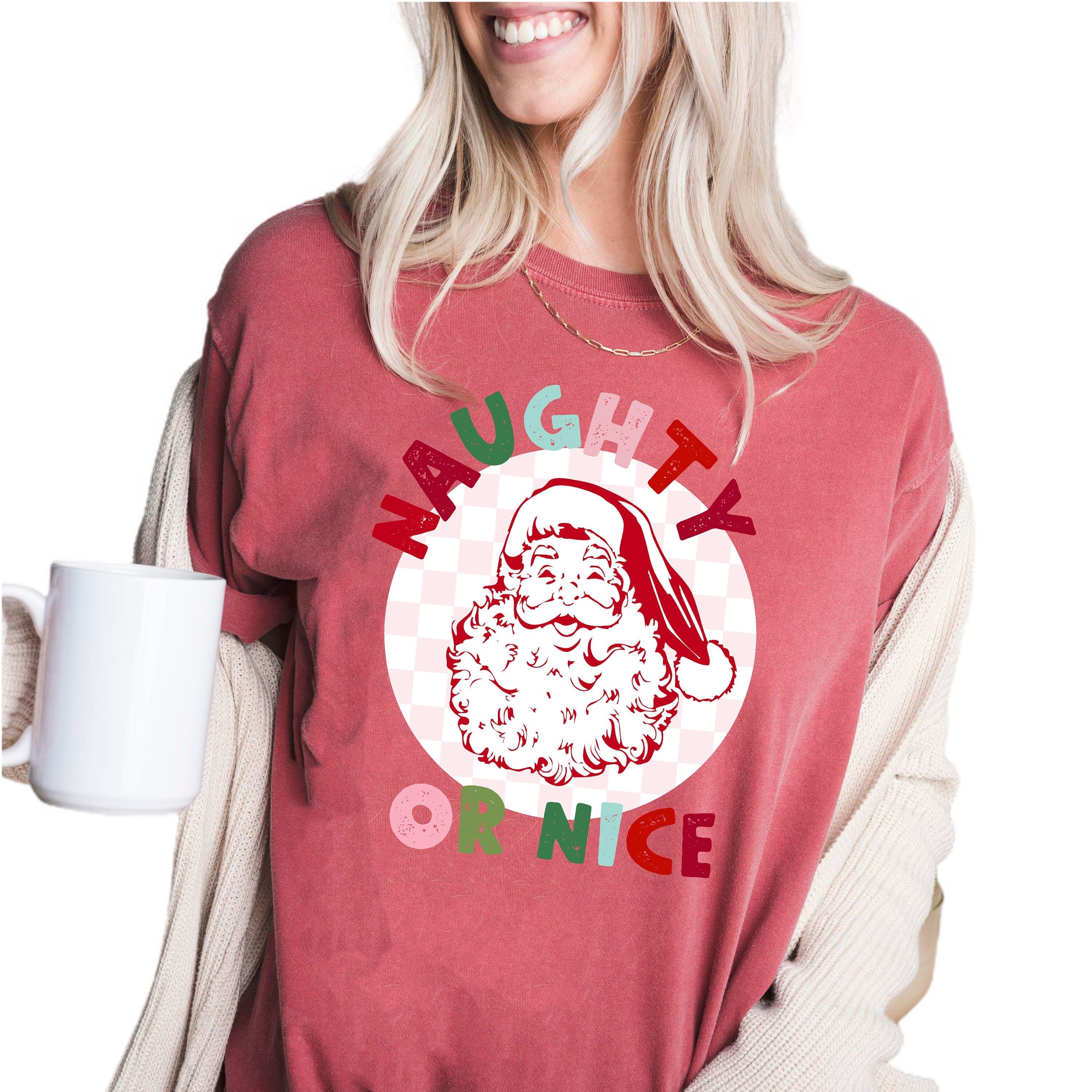 Retro Christmas Vintage Washed Shirt, Naughty or Nice Santa Shirt, Vintage Santa Christmas Shirt,