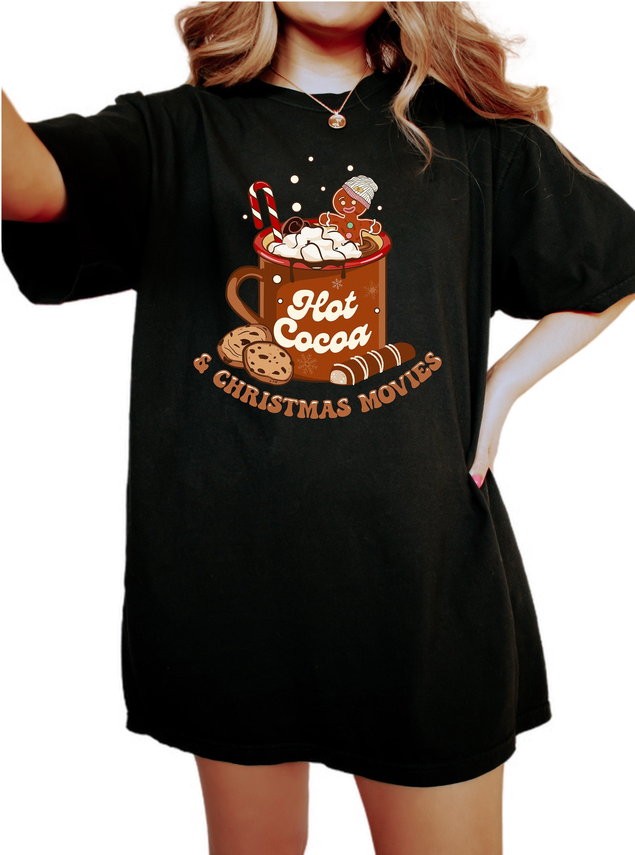 Retro Christmas Vintage Washed Shirt, Hot Cocoa and Movies Shirt, Vintage Santa Christmas Shirt,