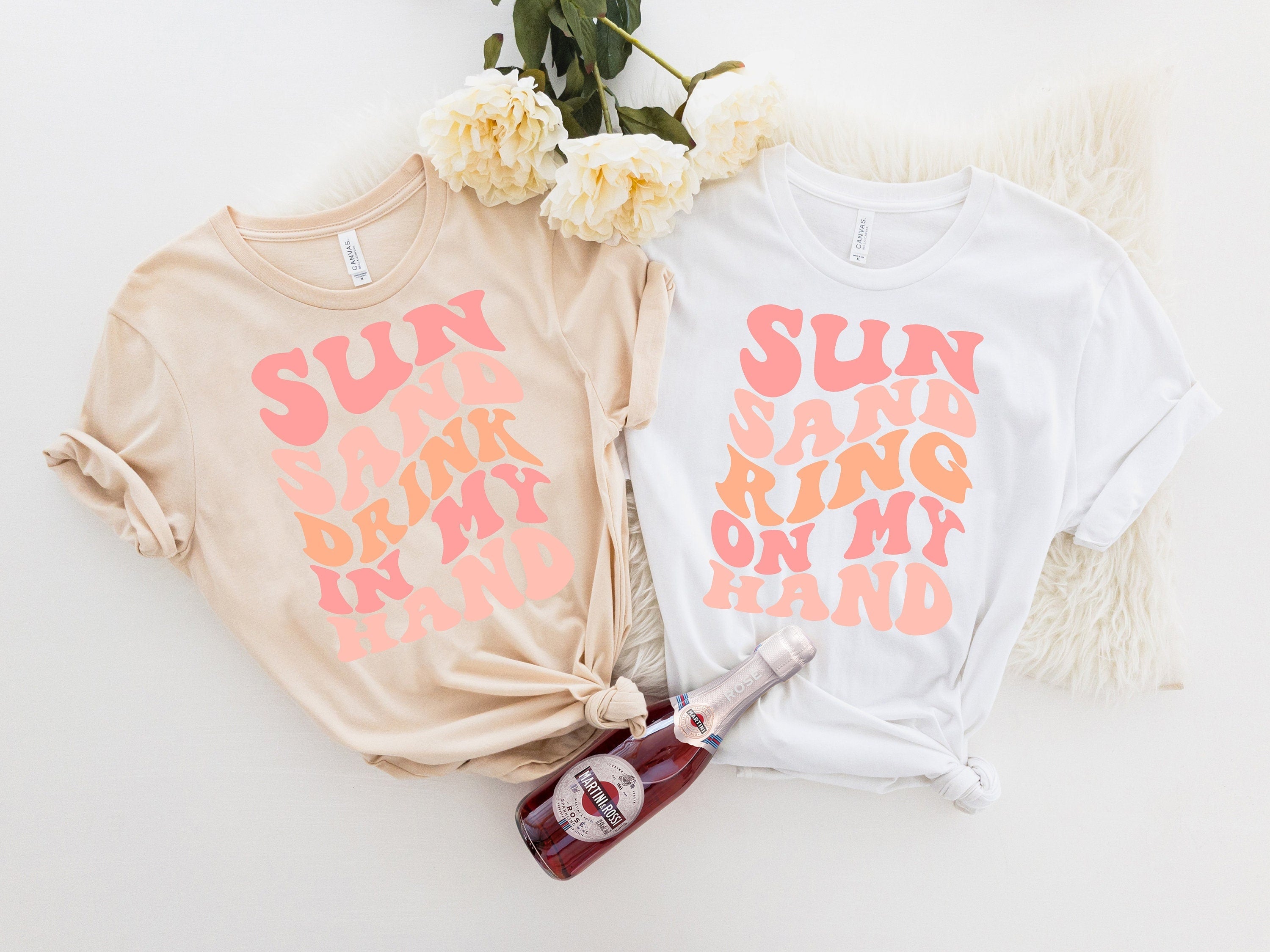 Wavy Sun Sand Drink In My Hand, Ring On My Hand, Retro Batch Shirts, Bachelorette Party Shirts, Bachelorette T-shirt, Retro Cream Shirt