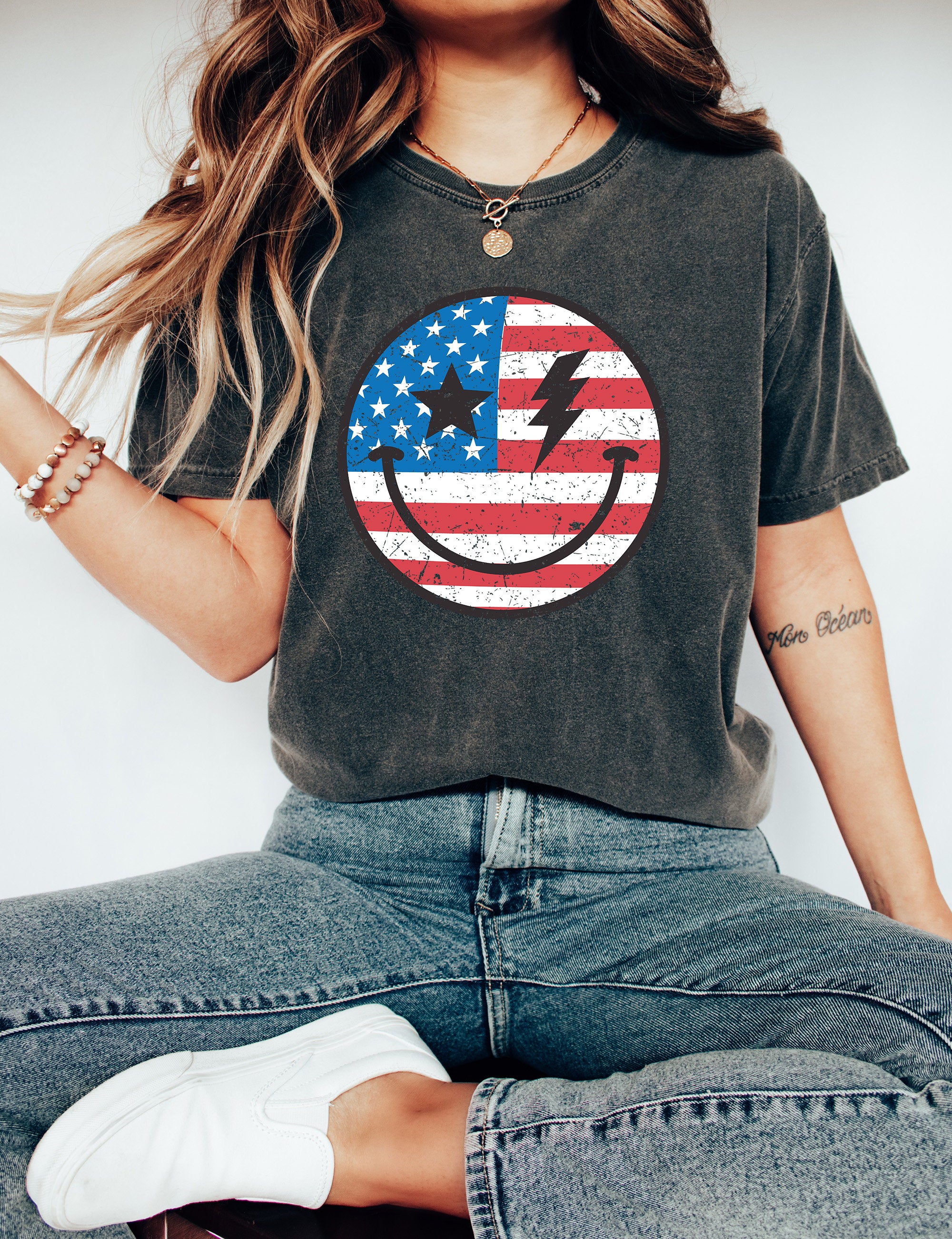 Retro Smiley Flag USA shirt, 4th of July tee, Retro funny fourth shirt, Womens 4th of July shirt, America Patriotic Shirt, Independence