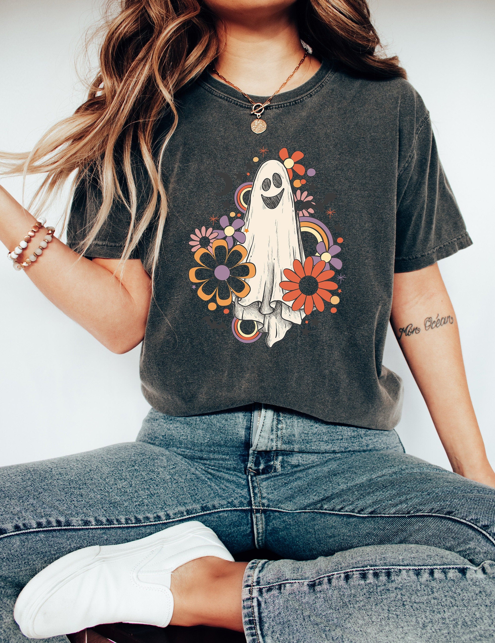 Retro Halloween Comfort Colors shirt, Flower Ghost Sketch Shirt, Vintage Ghost Halloween Shirt, Witch Shirt, Retro Fall Shirt, Fall Shirt