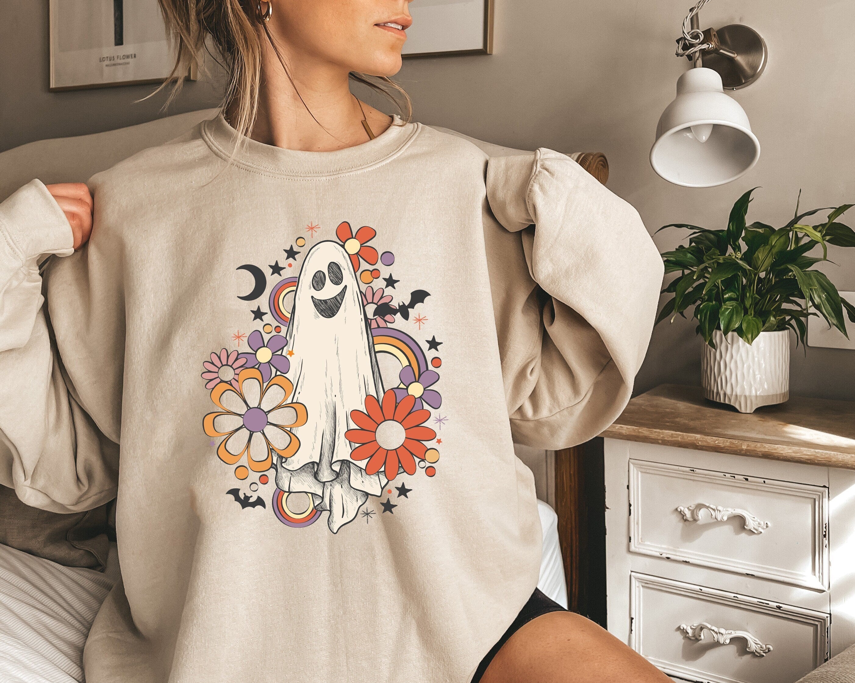 Flower Ghost Halloween Sweatshirt, spooky halloween mom shirt, Vintage Sweater, mama shirt, womens cute pumpkin halloween graphic