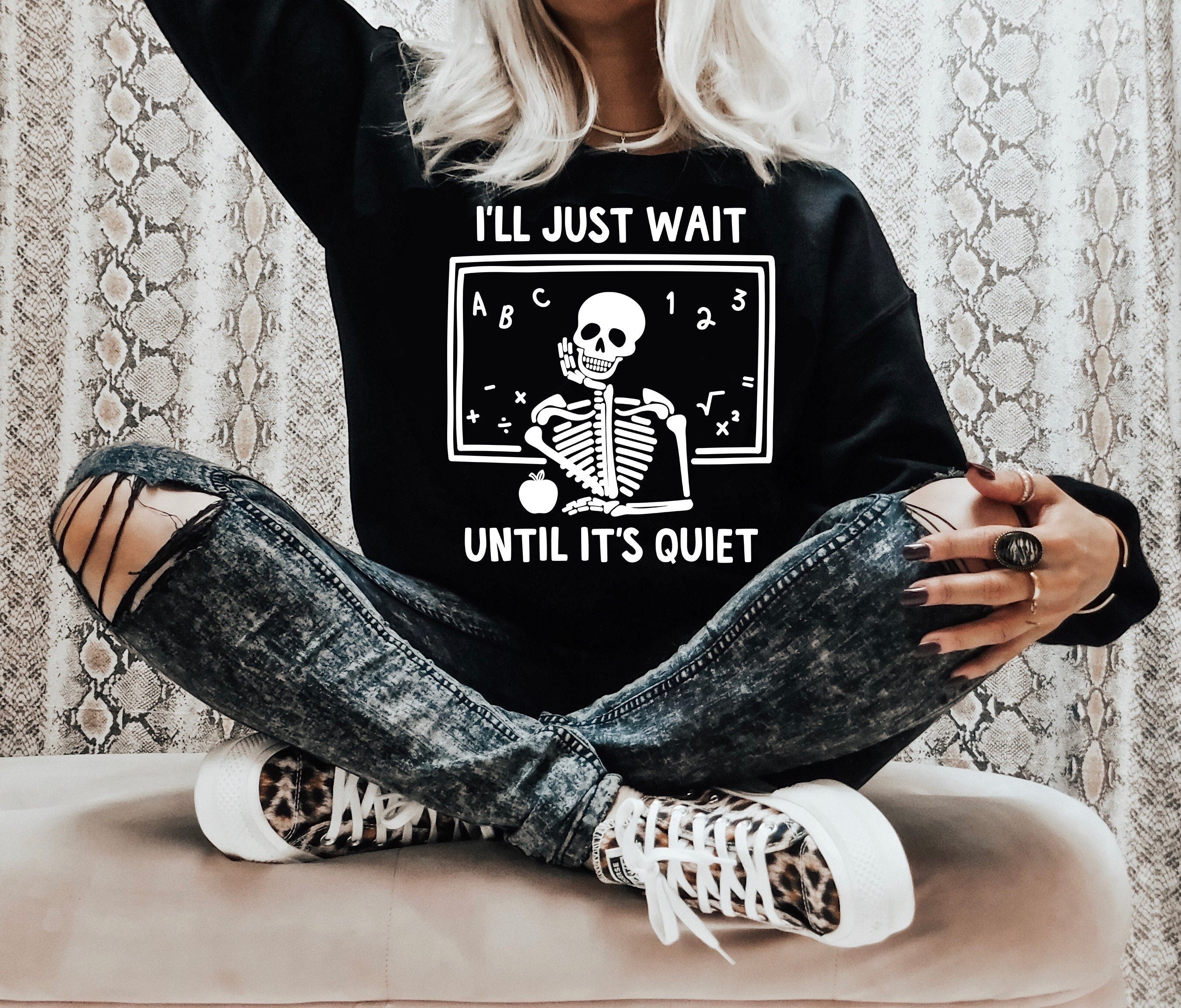 I'll Wait Till It's Quiet  Halloween Sweatshirt, Spooky Teacher Shirt, Vintage Sweater, Mama Shirt, Womens Cute Pumpkin Halloween Sweater