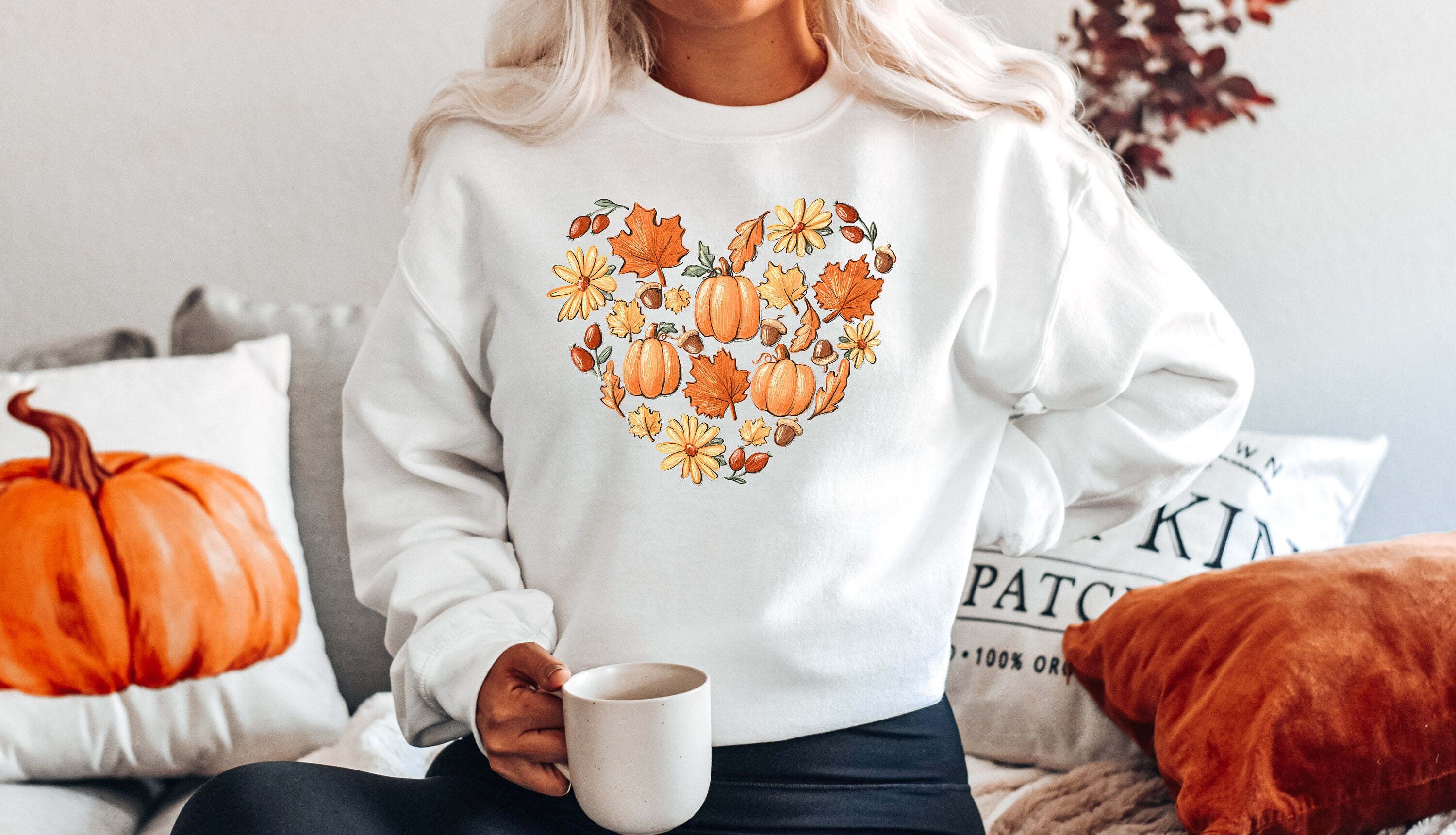 Fall Leaves and Pumpkins Heart Sweatshirt, Cute Fall Mom Shirt, Vintage Sweater, Mama Shirt, Womens Cute Pumpkin Halloween Graphic