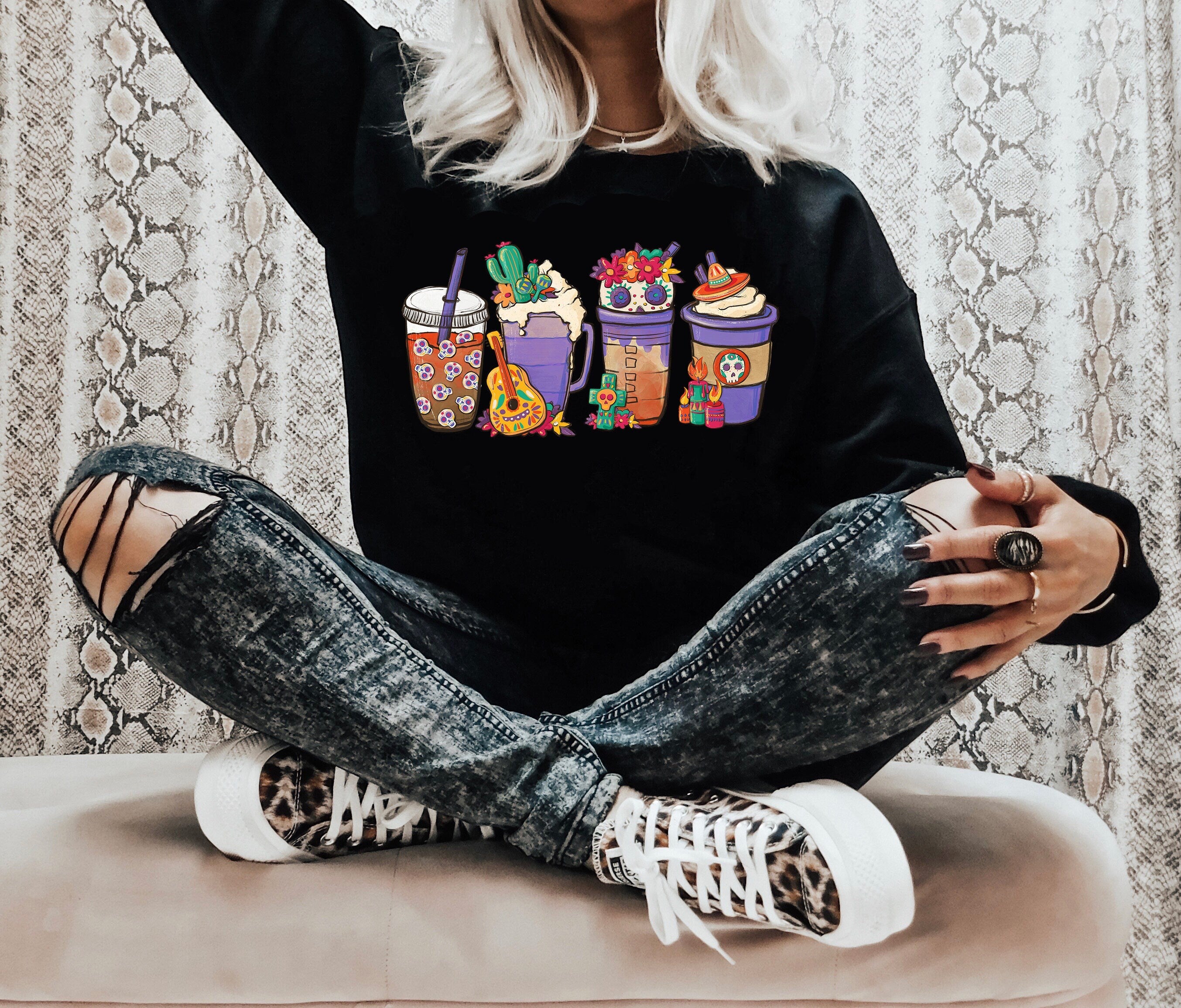 Day of the Dead Sweatshirt, Cute Coffee Lover Mom Shirt, Vintage Sweater, Mama Shirt, Womens Cute Holiday Graphic Tee, Day of the Dead Shirt