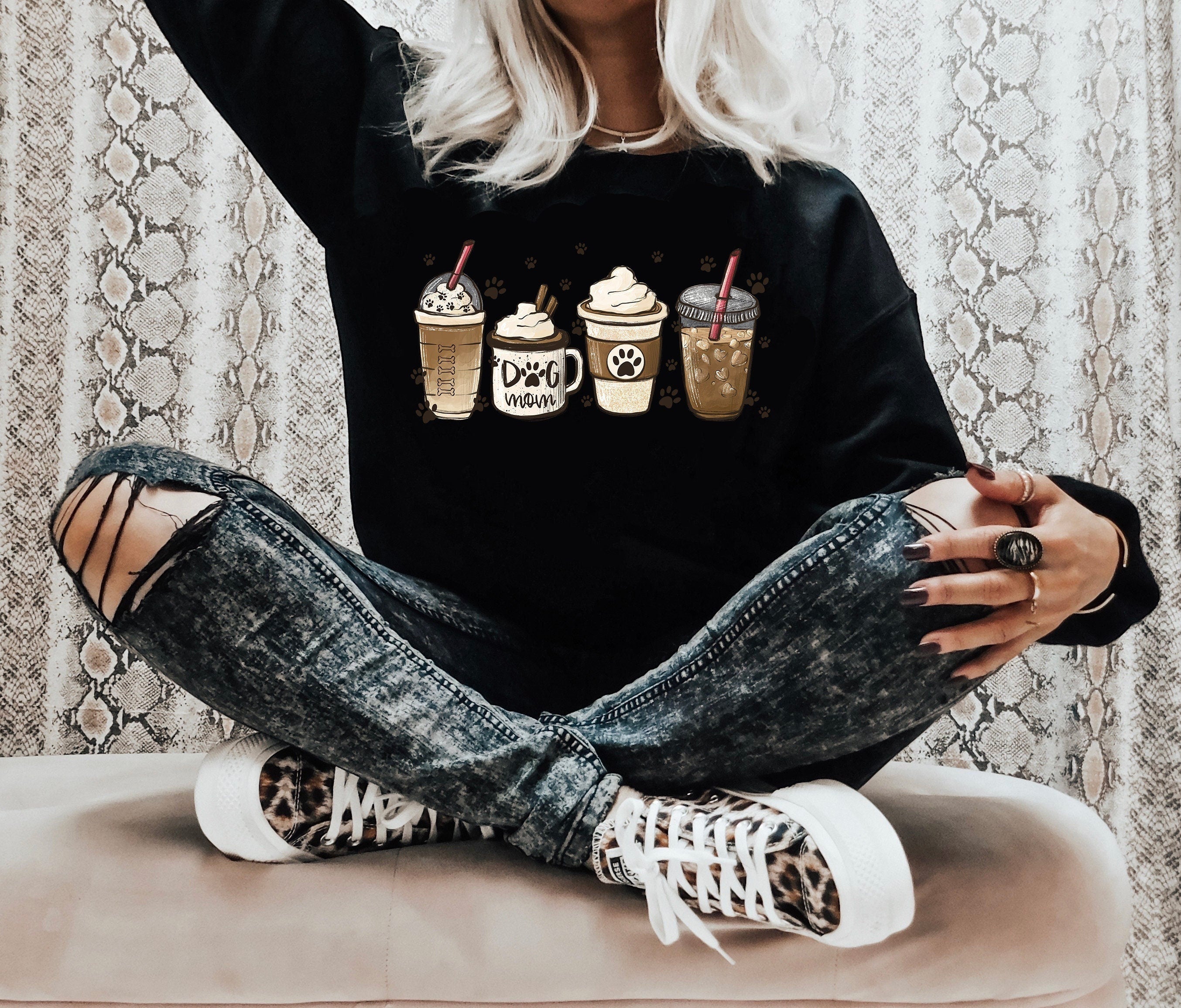 Dog Mom Coffee Lover Sweatshirt, Fall Iced Coffee Mom Shirt, Vintage Sweater, Mama Shirt, Womens Cute Pumpkin Spice Latte Graphic