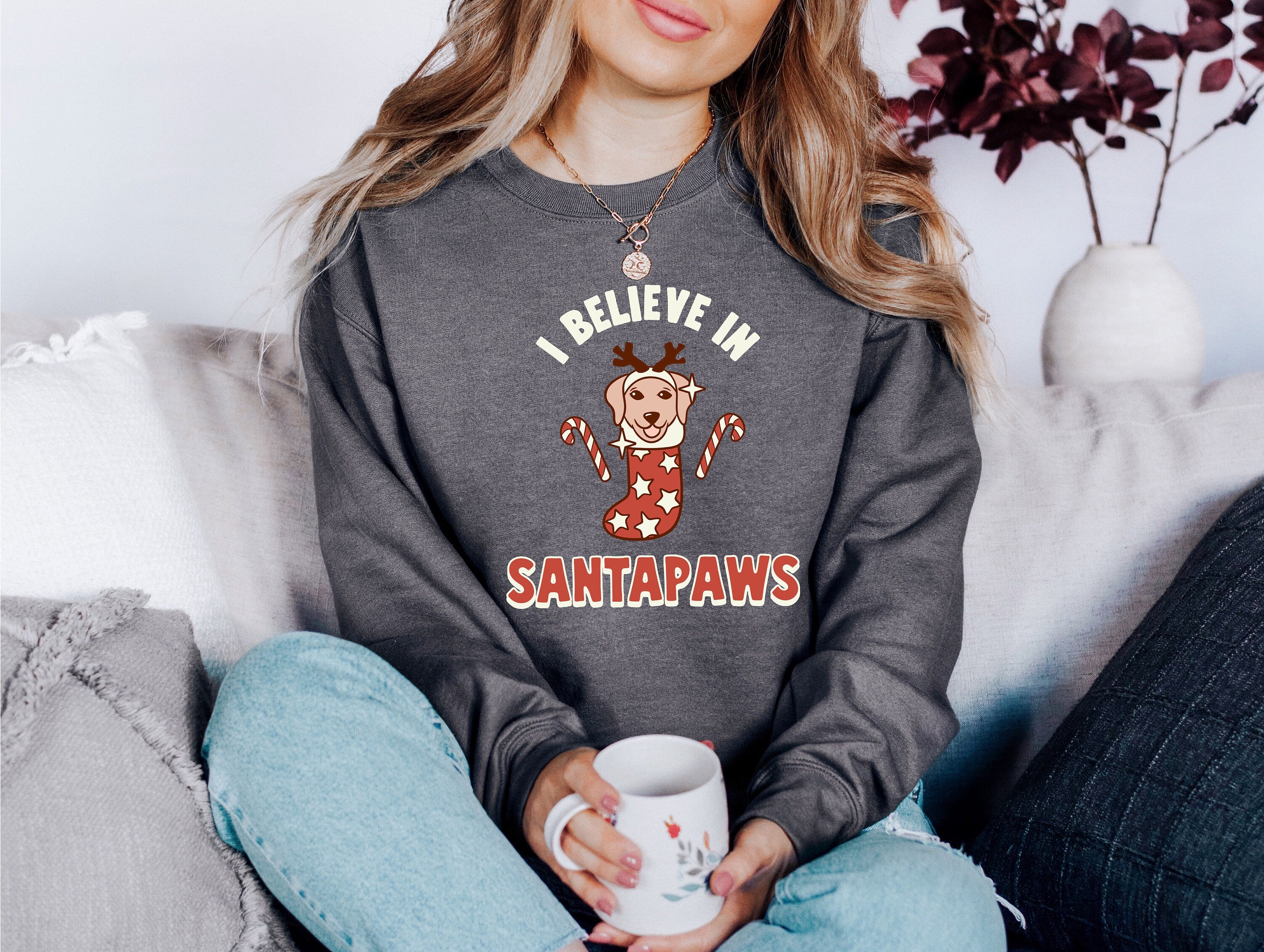 Believe ion Santapaws Sweater, Vintage Christmas, Christmas Sweatshirt, Women's Cute Santa, Xmas Graphic Pullover, Holiday Ugly Sweater