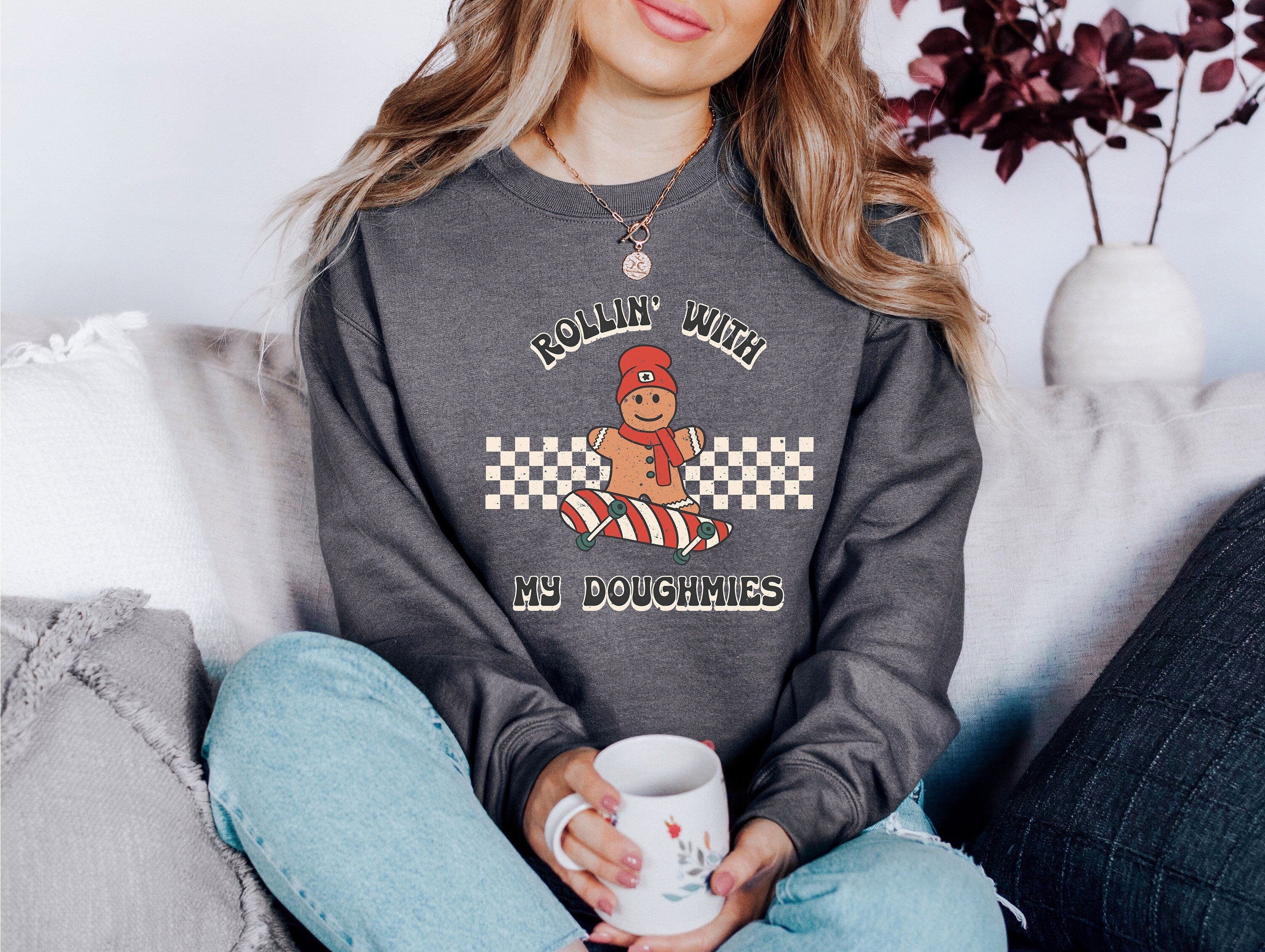 Rollin With My Doughmies Sweater, Vintage Christmas, Christmas Sweatshirt, Women's Cute Santa, Xmas Graphic Pullover, Holiday Ugly Sweater