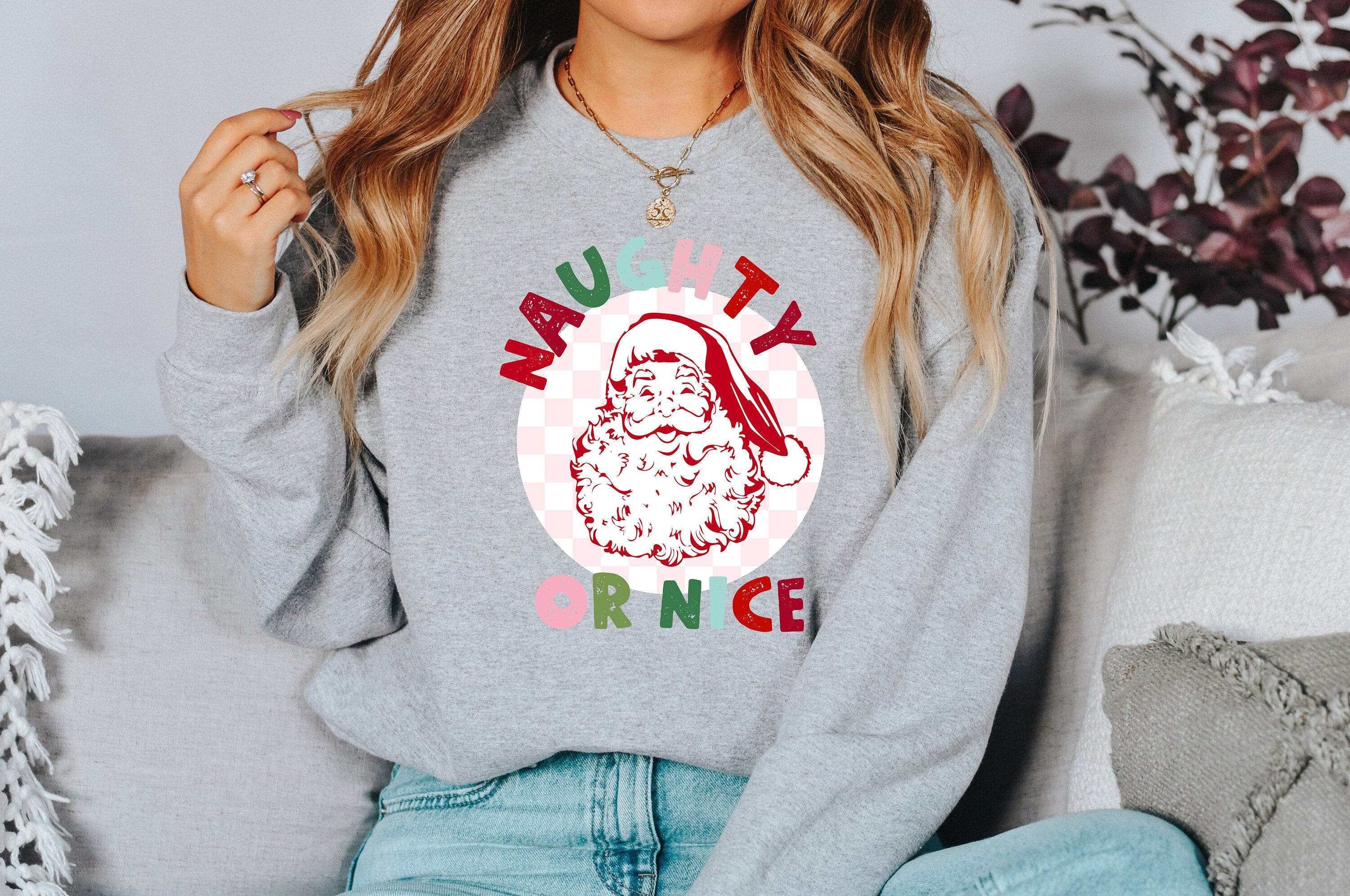 Naughty or Nice Santa Sweater, Vintage Christmas, Christmas Sweatshirt, Women's Cute Santa, Xmas Graphic Pullover, Holiday Ugly Sweater