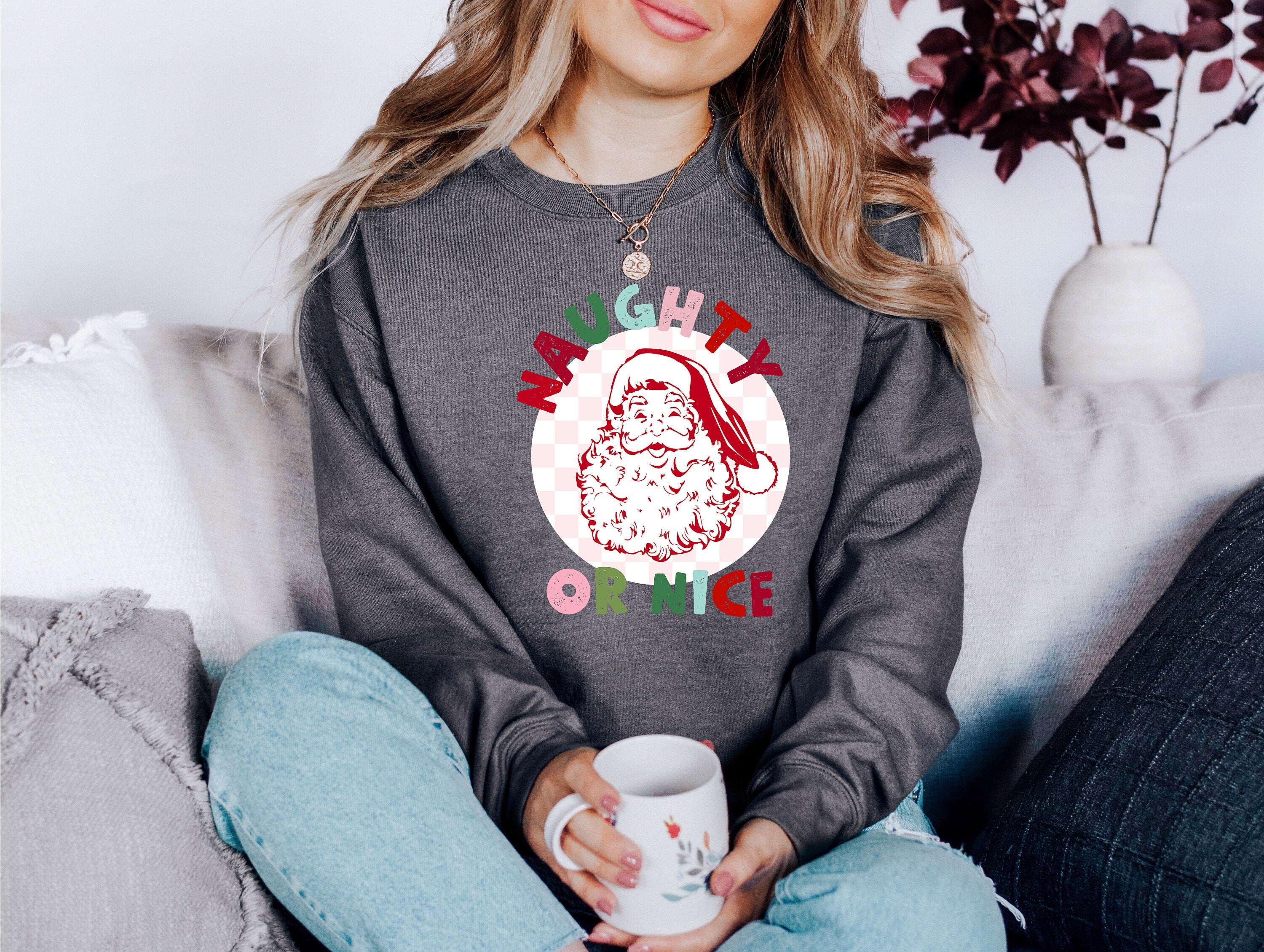 Naughty or Nice Santa Sweater, Vintage Christmas, Christmas Sweatshirt, Women's Cute Santa, Xmas Graphic Pullover, Holiday Ugly Sweater