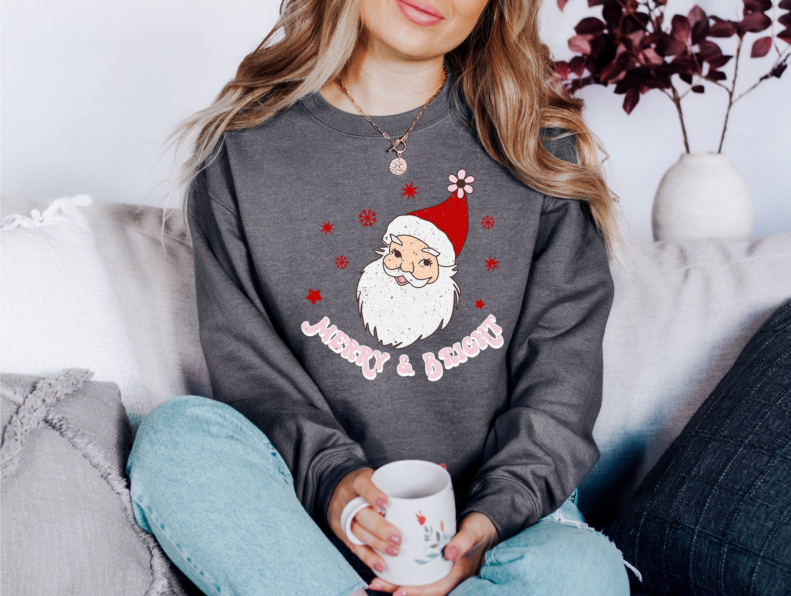 Merry And Bright Santa Sweater, Vintage Christmas, Christmas Sweatshirt, Women's Cute Santa, Xmas Graphic Pullover, Holiday Ugly Sweater