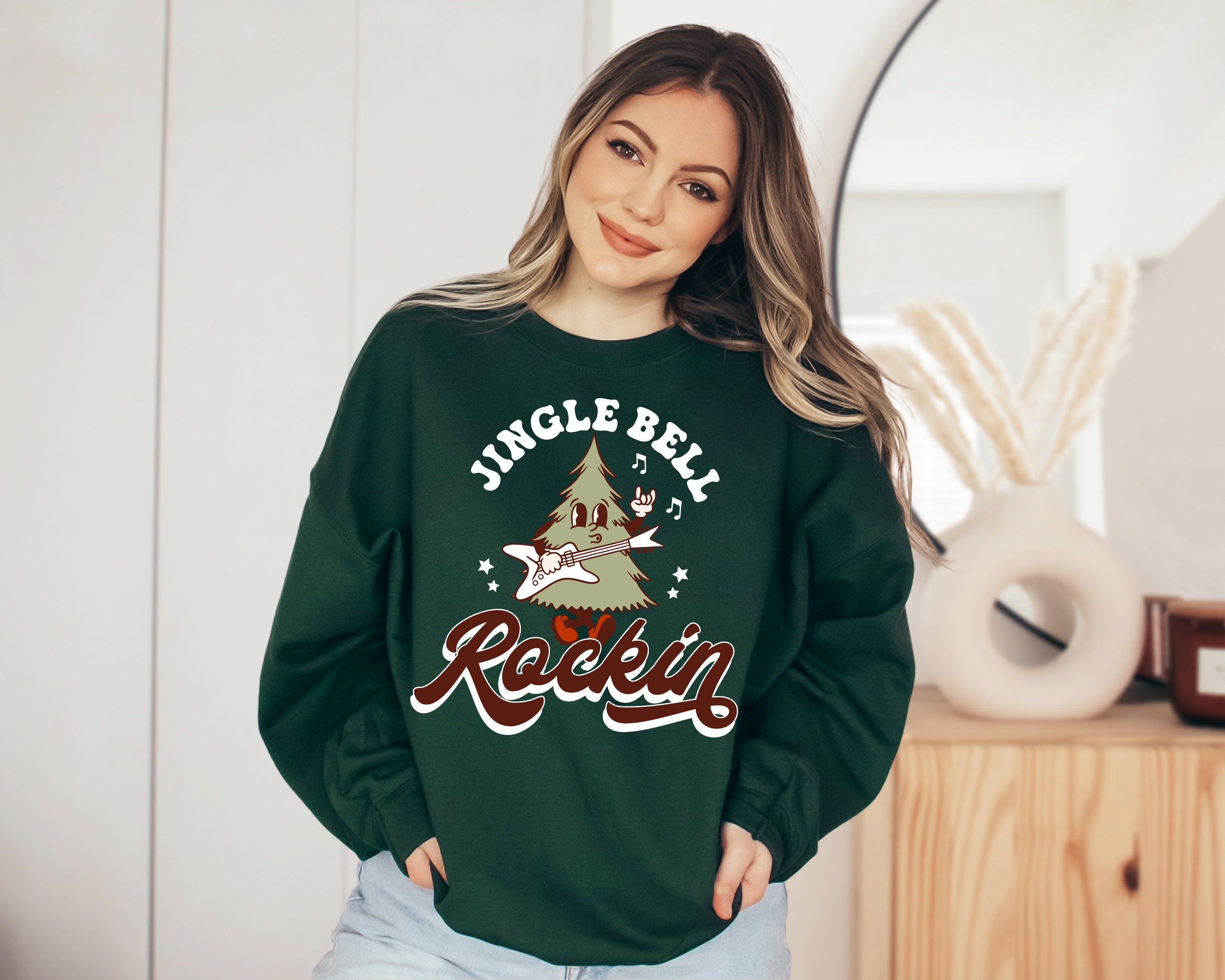 Jingle Bell Rockin' Roll Sweater, Vintage Christmas, Christmas Sweatshirt, Womens Cute Santa, Xmas Graphic Pullover, Holiday Ugly Sweater