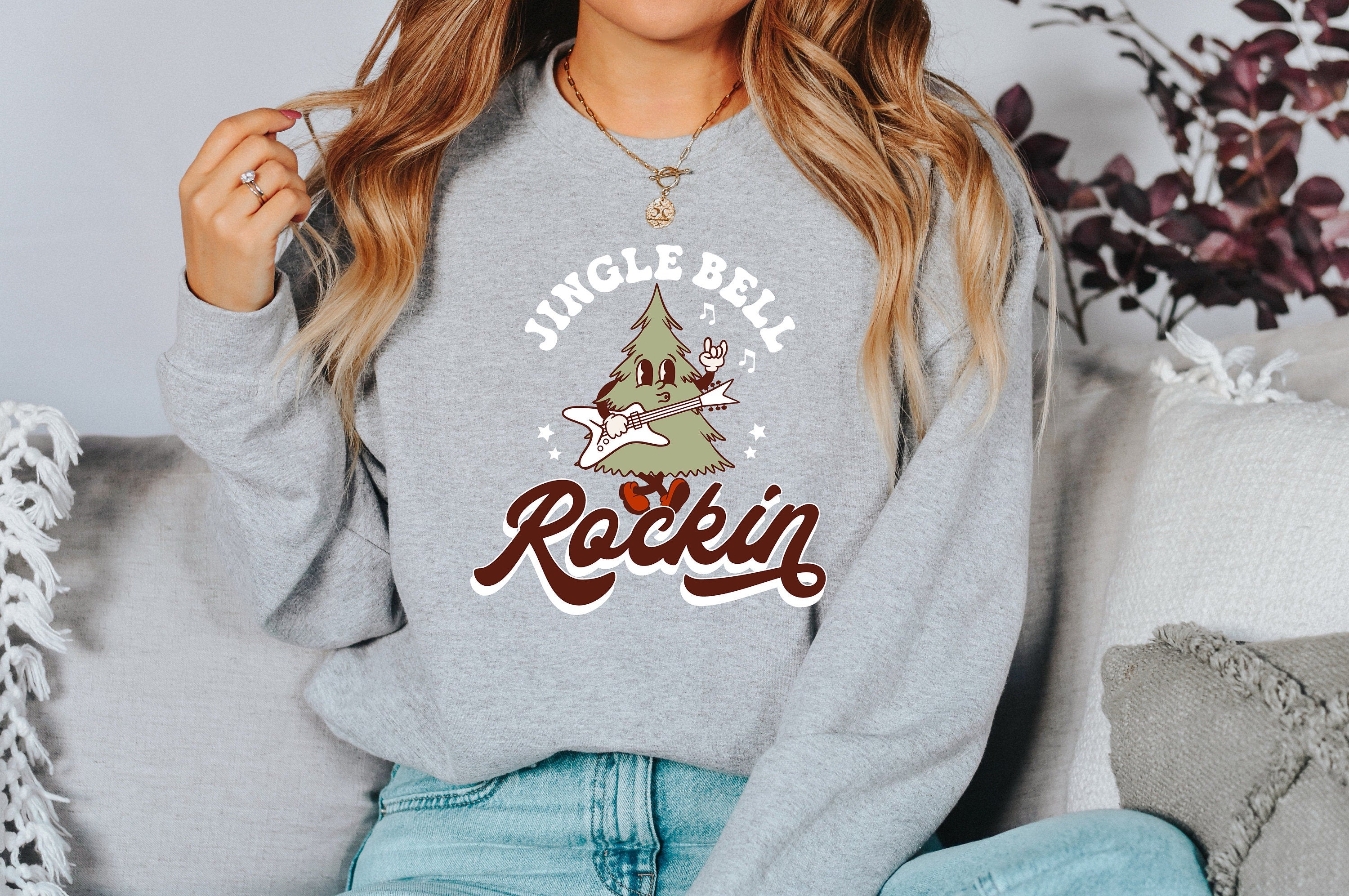 Jingle Bell Rockin' Roll Sweater, Vintage Christmas, Christmas Sweatshirt, Womens Cute Santa, Xmas Graphic Pullover, Holiday Ugly Sweater