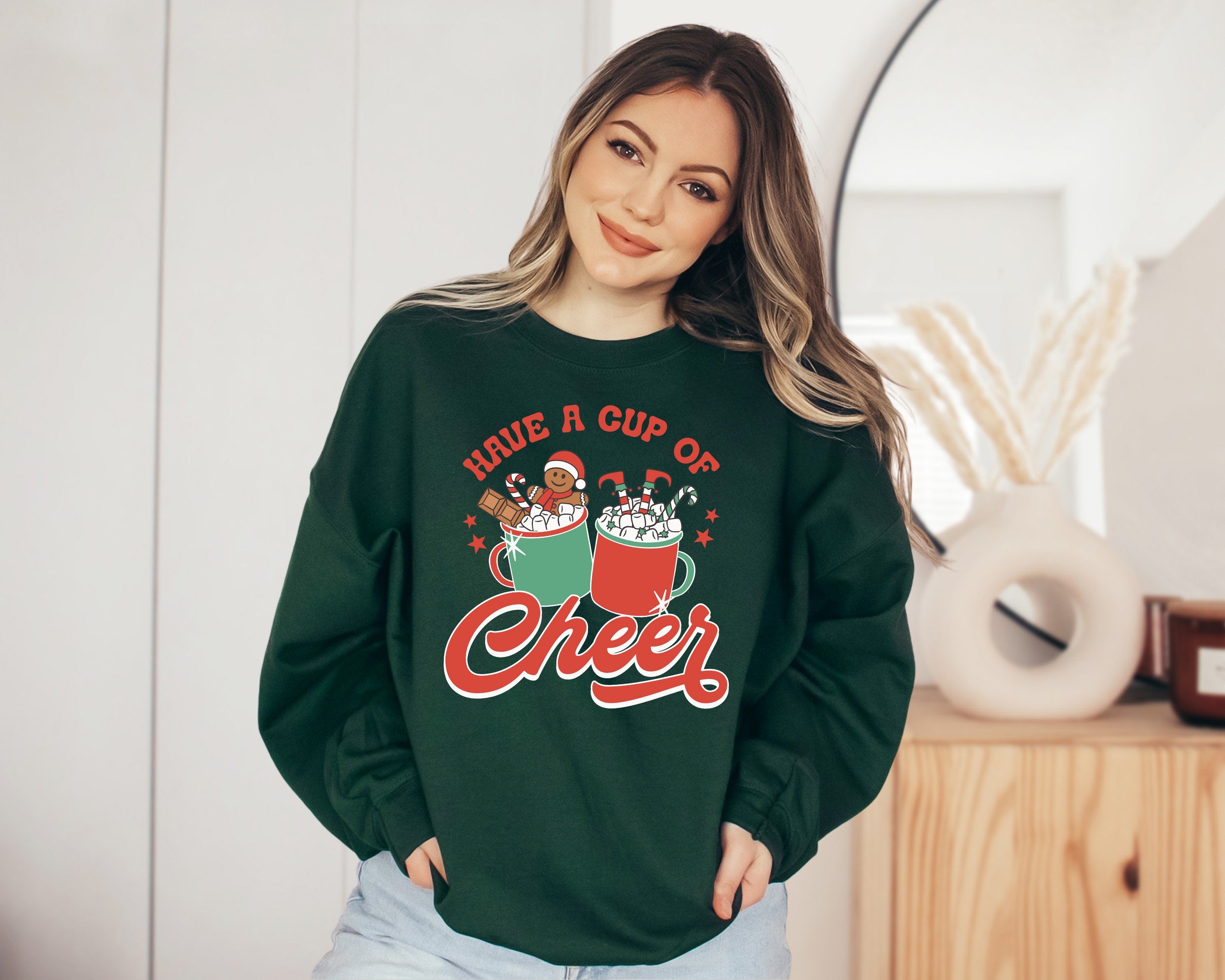 Have a Cup of Cheer Cocoa Sweater, Vintage Christmas, Christmas Sweatshirt, Women's Cute Santa, Xmas Graphic Pullover, Holiday Ugly Sweater