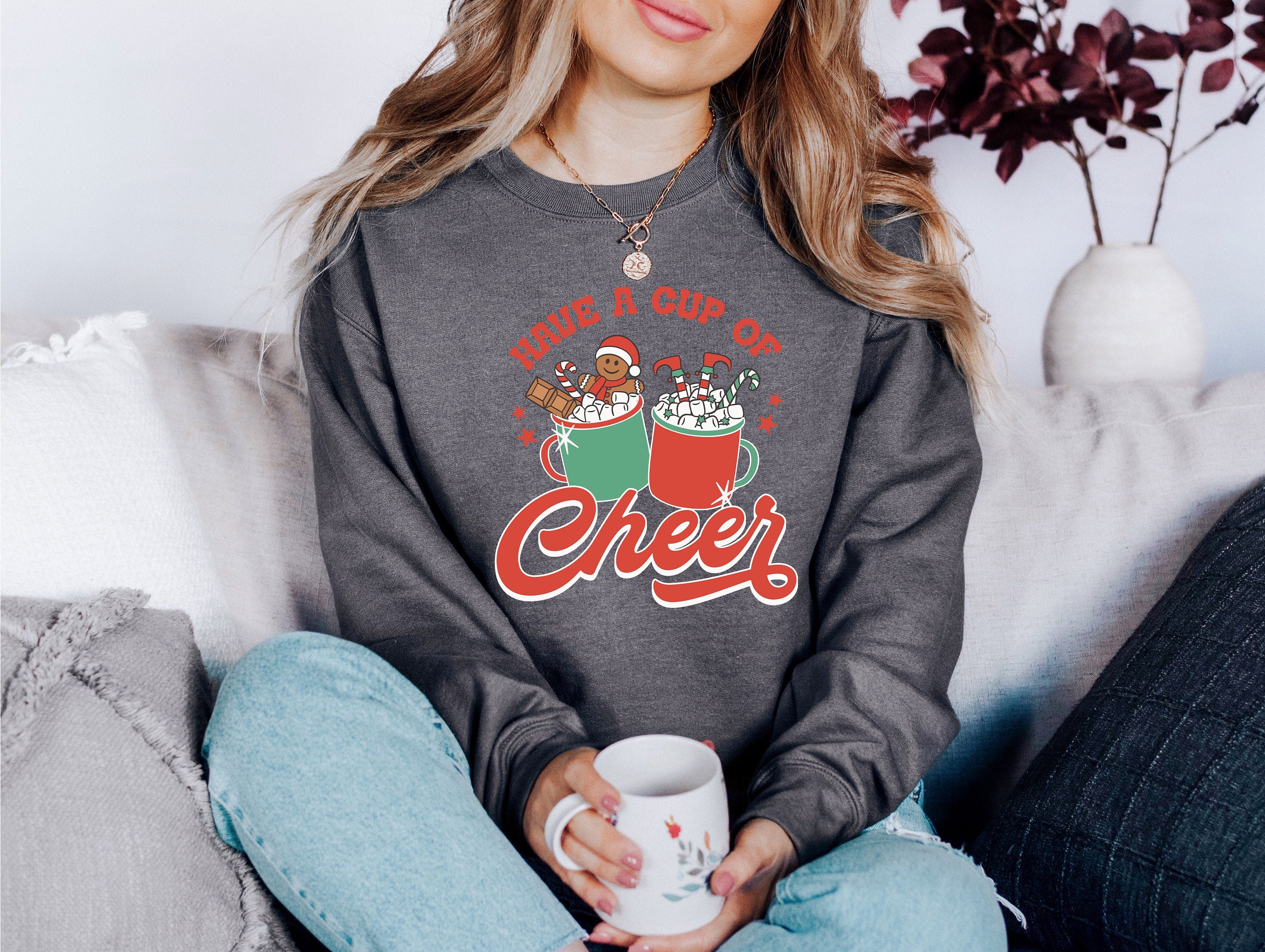 Have a Cup of Cheer Cocoa Sweater, Vintage Christmas, Christmas Sweatshirt, Women's Cute Santa, Xmas Graphic Pullover, Holiday Ugly Sweater