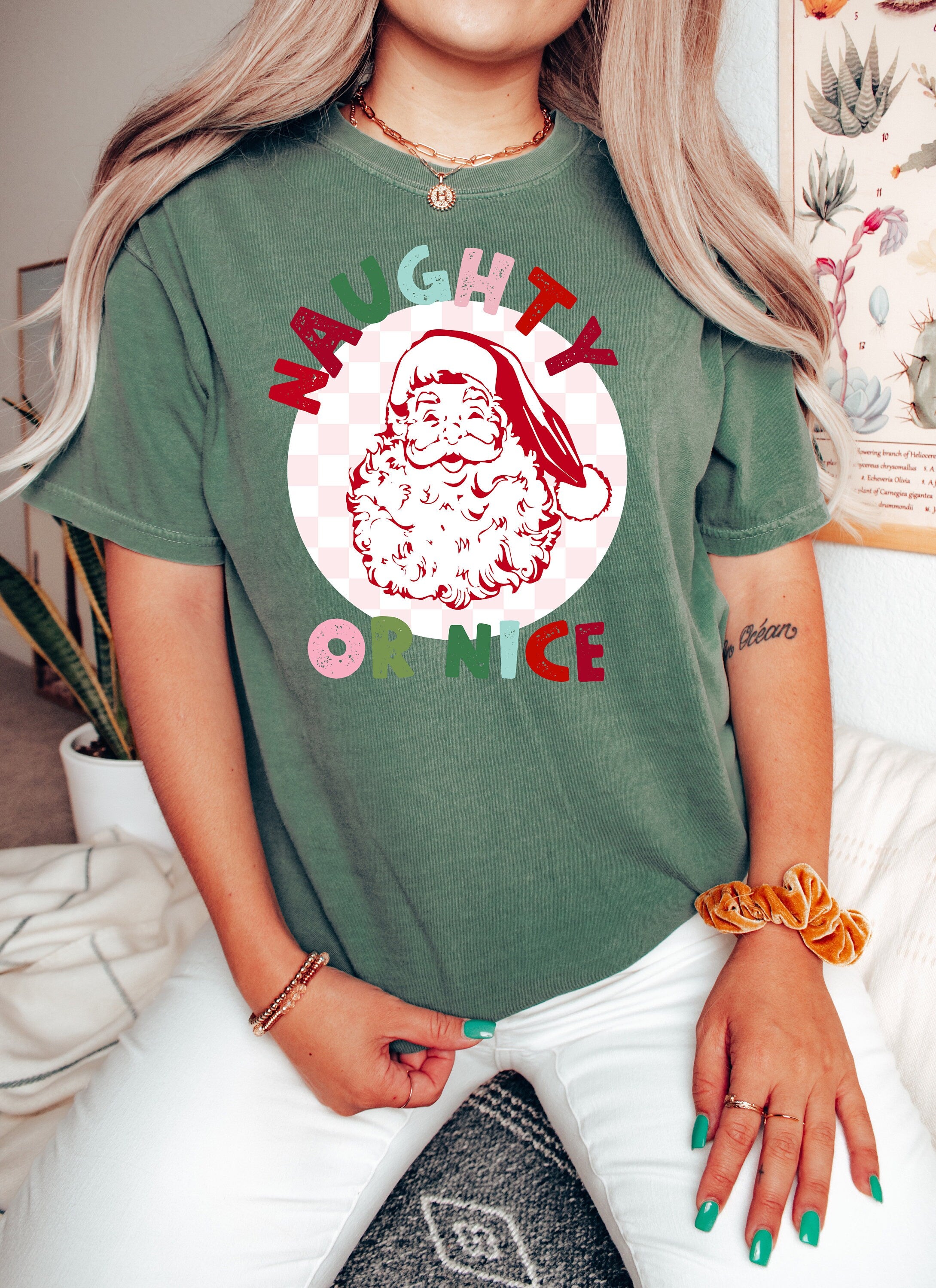 Retro Christmas Comfort Colors Shirt, Naughty or Nice Santa Shirt, Vintage Santa Christmas Shirt, Retro Holiday Shirt, Ugly Sweater Shirt