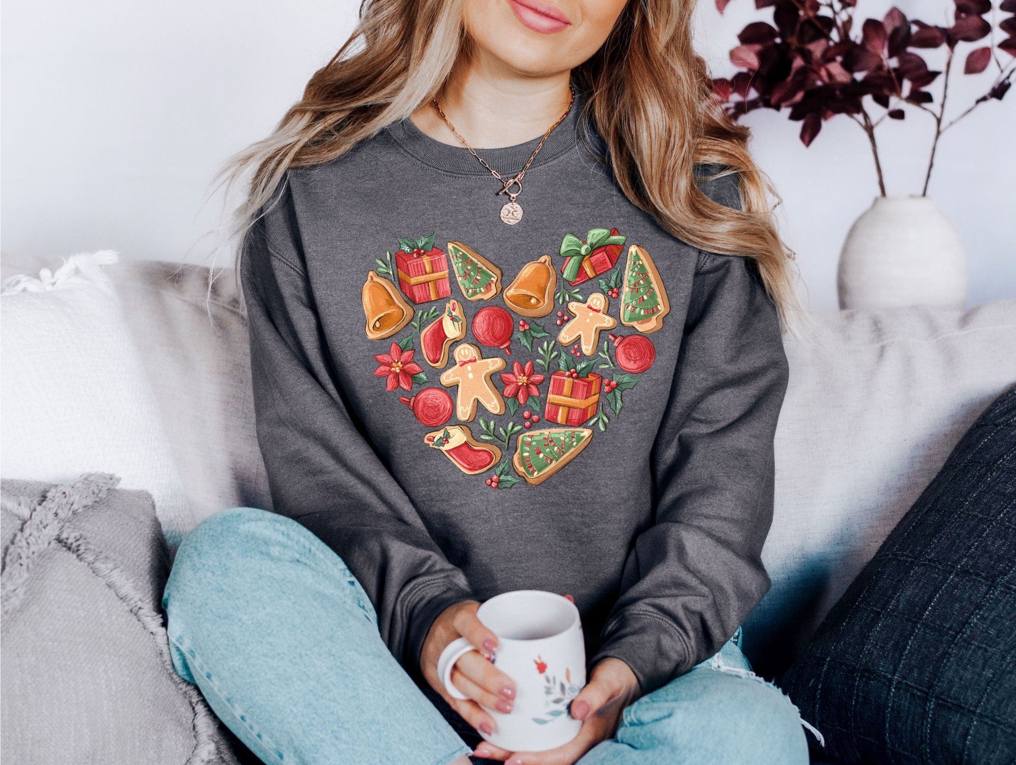 Christmas Cookies Heart Sweater, Vintage Christmas, Christmas Sweatshirt, Womens Cute Santa, Graphic Pullover, Ugly Christmas Sweater