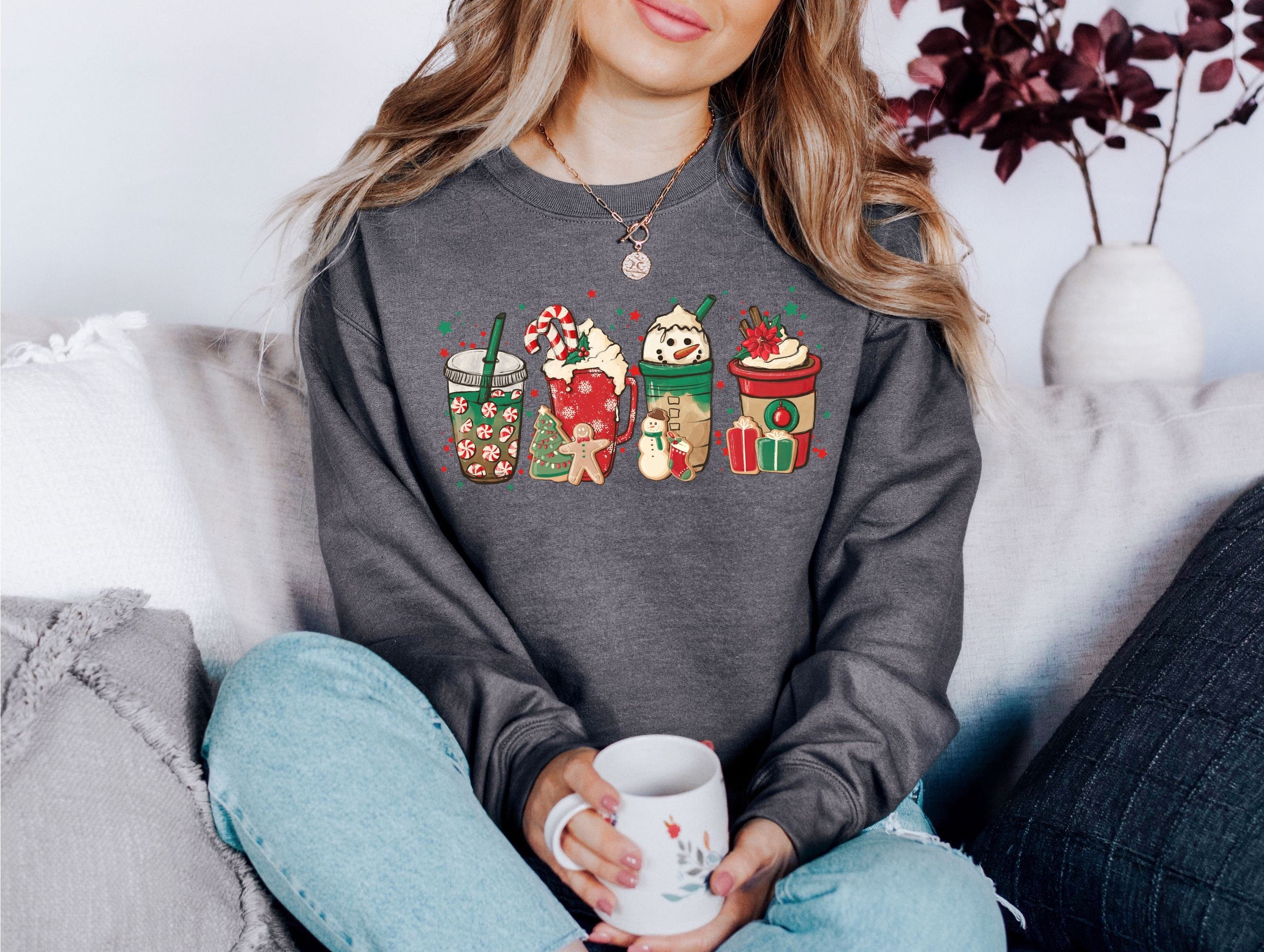 Snowman Coffee Lover, Latte Sweater, Vintage Christmas, Christmas Sweatshirt, Womens Cute Santa, Xmas Graphic Pullover, Holiday Ugly Sweater