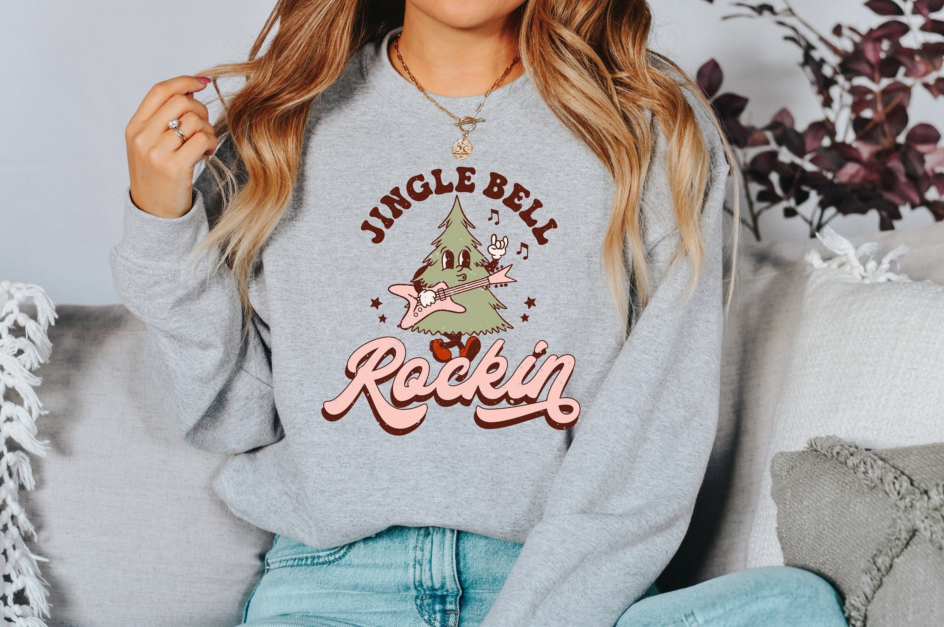 Jingle Bell Rockin' Roll Sweater, Vintage Christmas, Christmas Sweatshirt, Womens Cute Santa, Xmas Graphic Pullover, Holiday Ugly Sweater