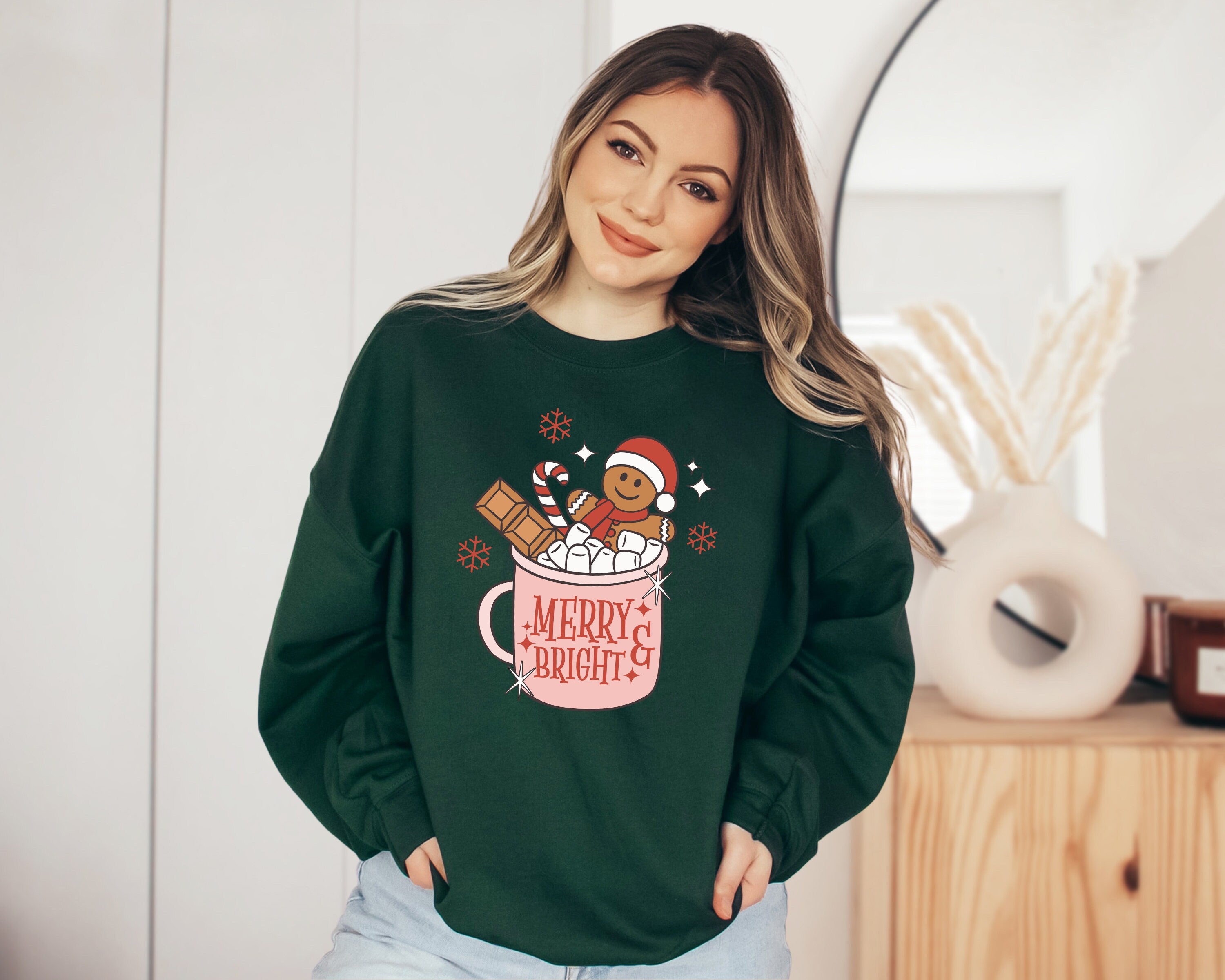 Merry And Bright Hot Cocoa Sweater, Vintage Christmas, Christmas Sweatshirt, Women's Cute Santa, Xmas Graphic Pullover, Holiday Ugly Sweater