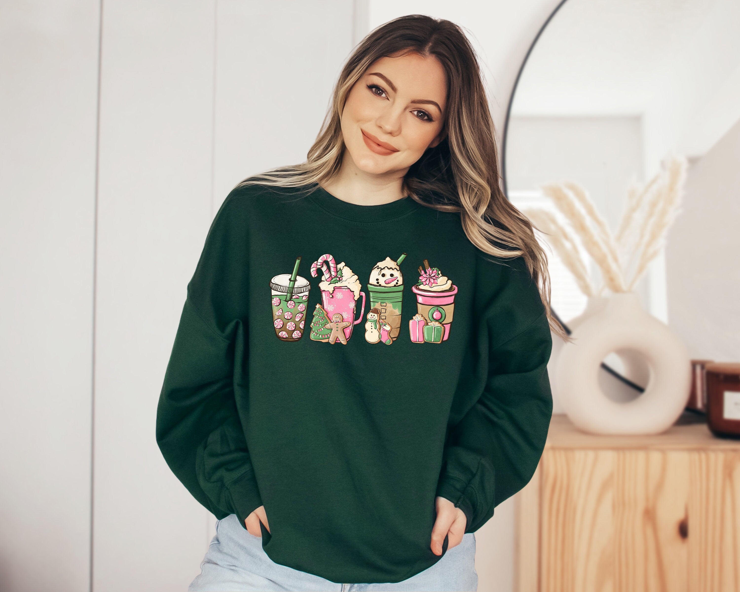 Snowman Coffee Lover, Latte Sweater, Vintage Christmas, Christmas Sweatshirt, Womens Cute Santa, Xmas Graphic Pullover, Holiday Ugly Sweater