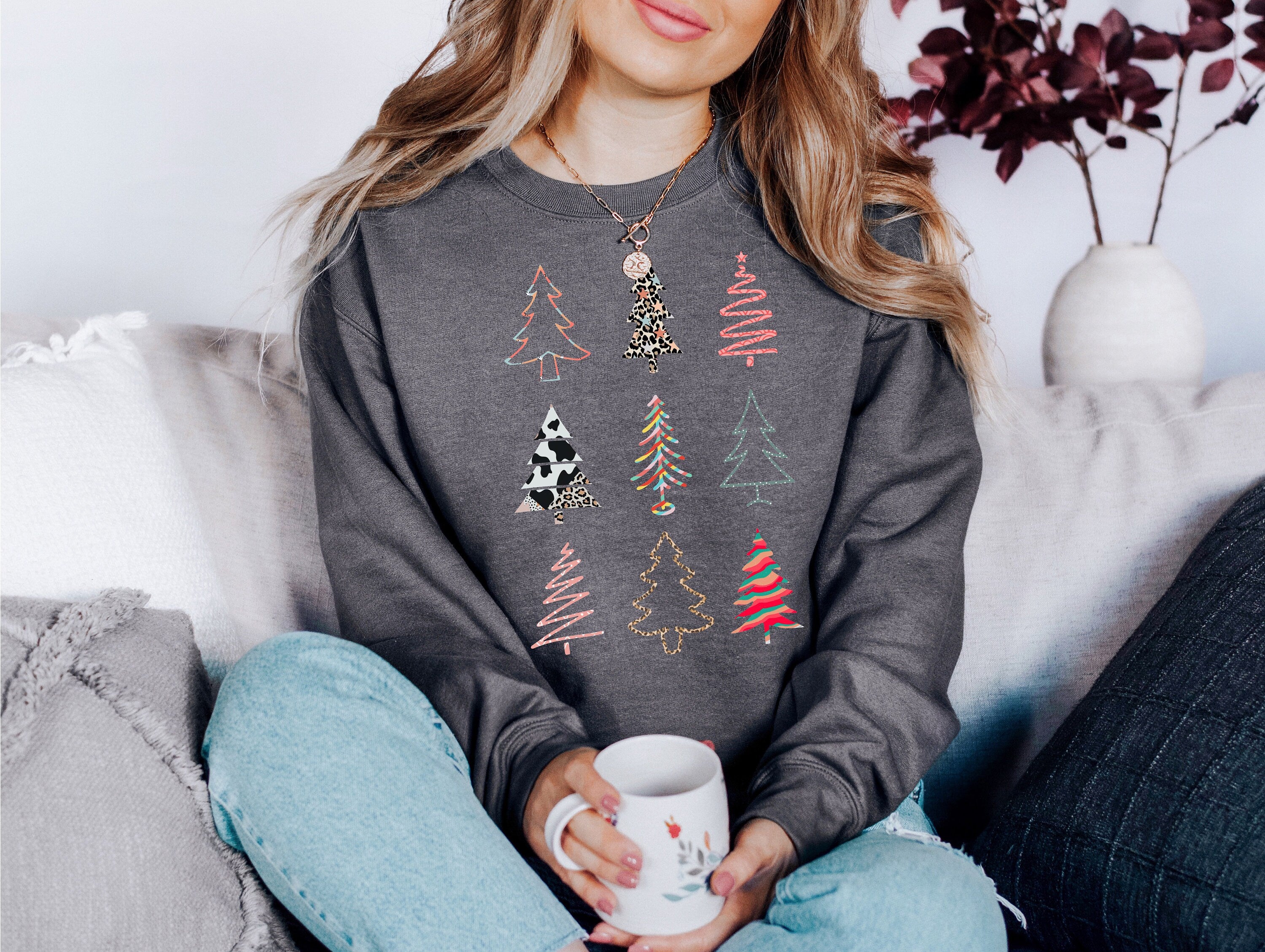 Boho Christmas Tree Sweater, Vintage Christmas, Christmas Sweatshirt, Women's Cute Santa, Xmas Graphic Pullover, Holiday Ugly Sweater