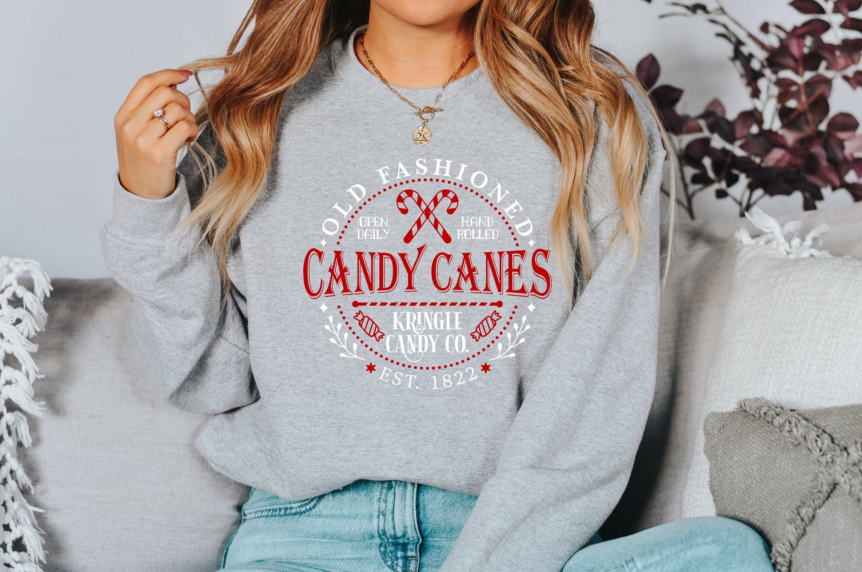 Candy Canes Sweater, Vintage New Years And Christmas, Christmas Sweatshirt, Women's Cute Santa, Xmas Graphic Pullover, Holiday Ugly Sweater