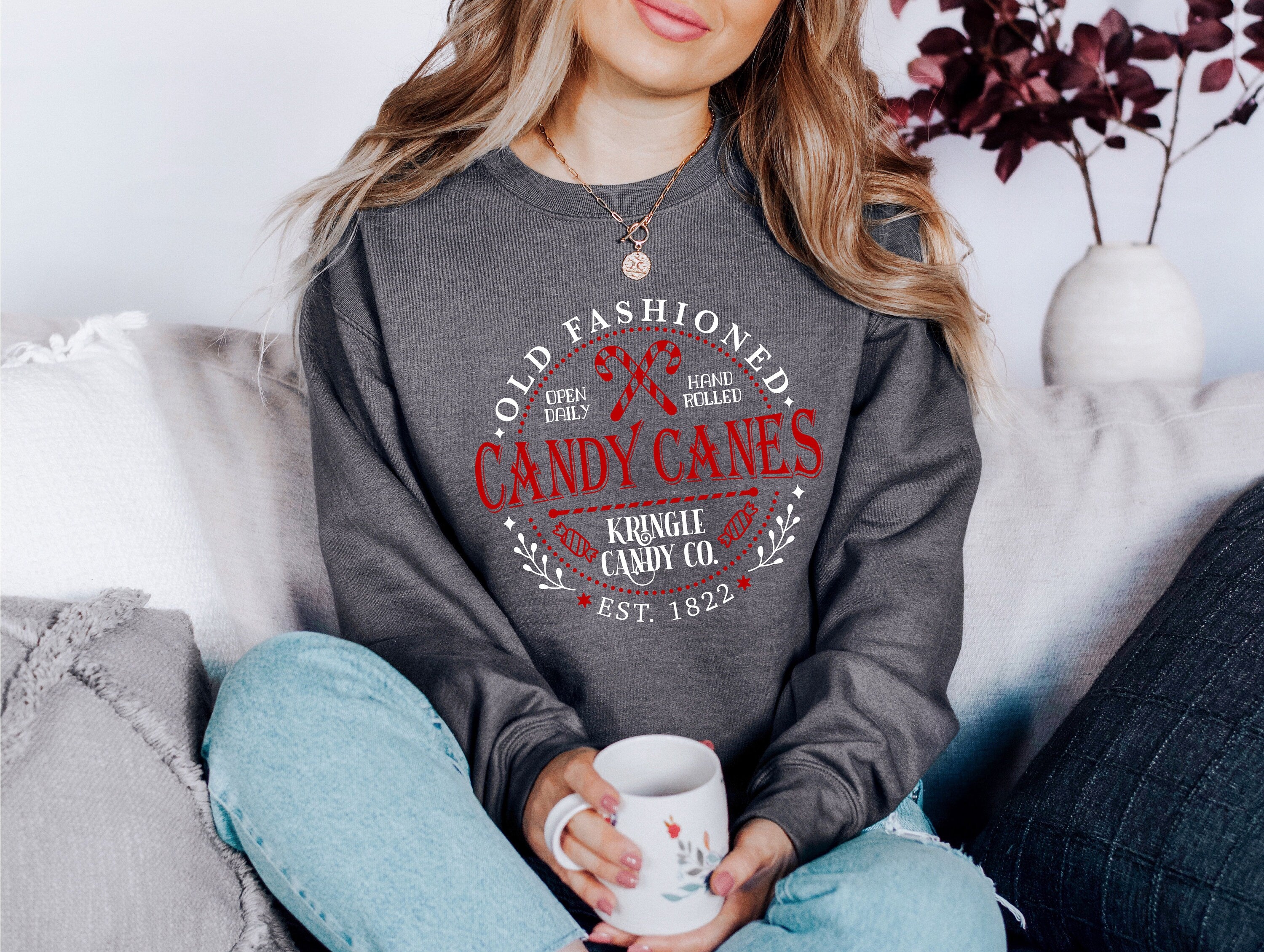 Candy Canes Sweater, Vintage New Years And Christmas, Christmas Sweatshirt, Women's Cute Santa, Xmas Graphic Pullover, Holiday Ugly Sweater