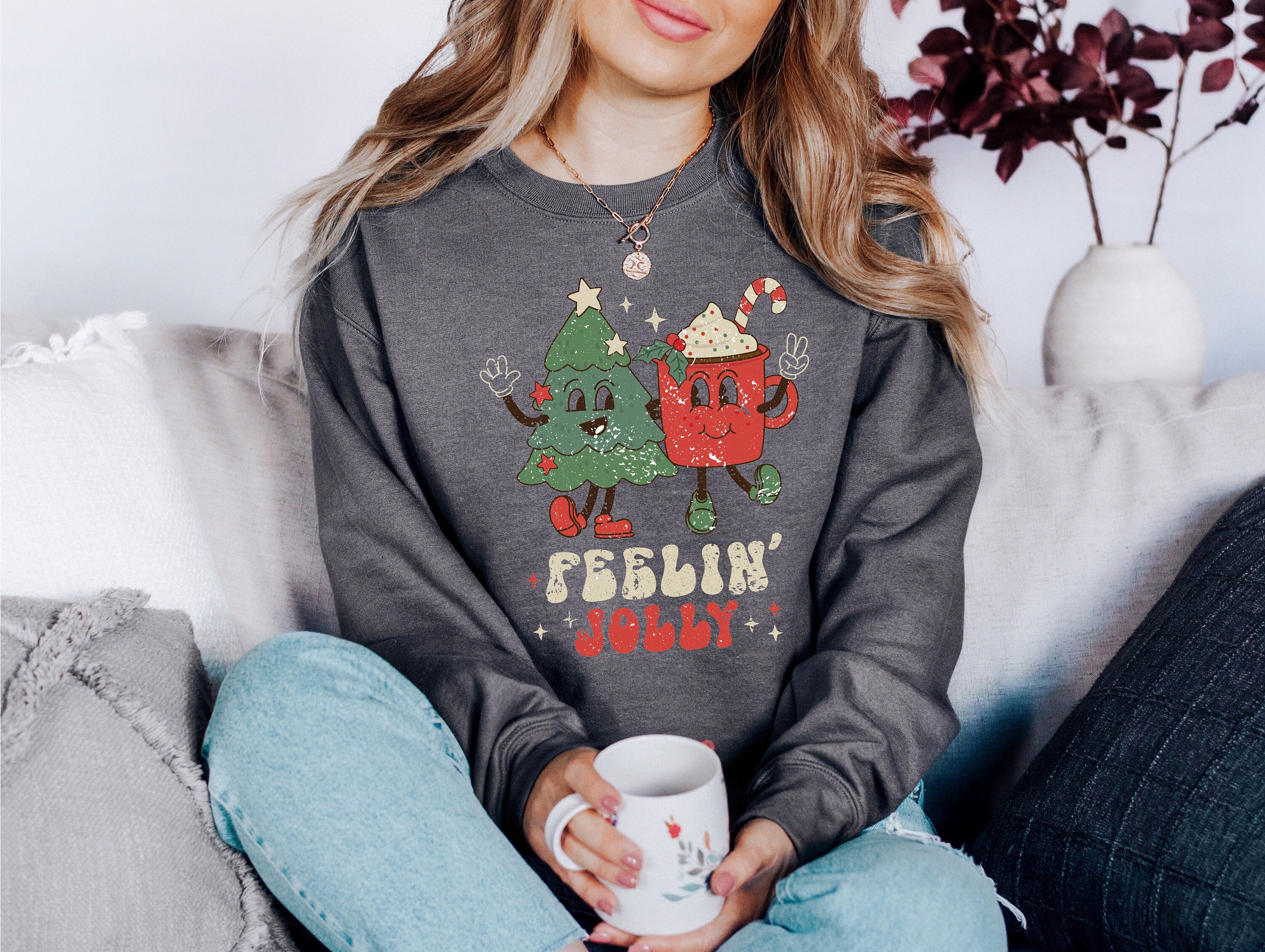 Feeling Jolly Holiday Sweater, Vintage Christmas, Christmas Sweatshirt,  Cute Santa, Xmas Graphic Pullover, Holiday Ugly Sweater