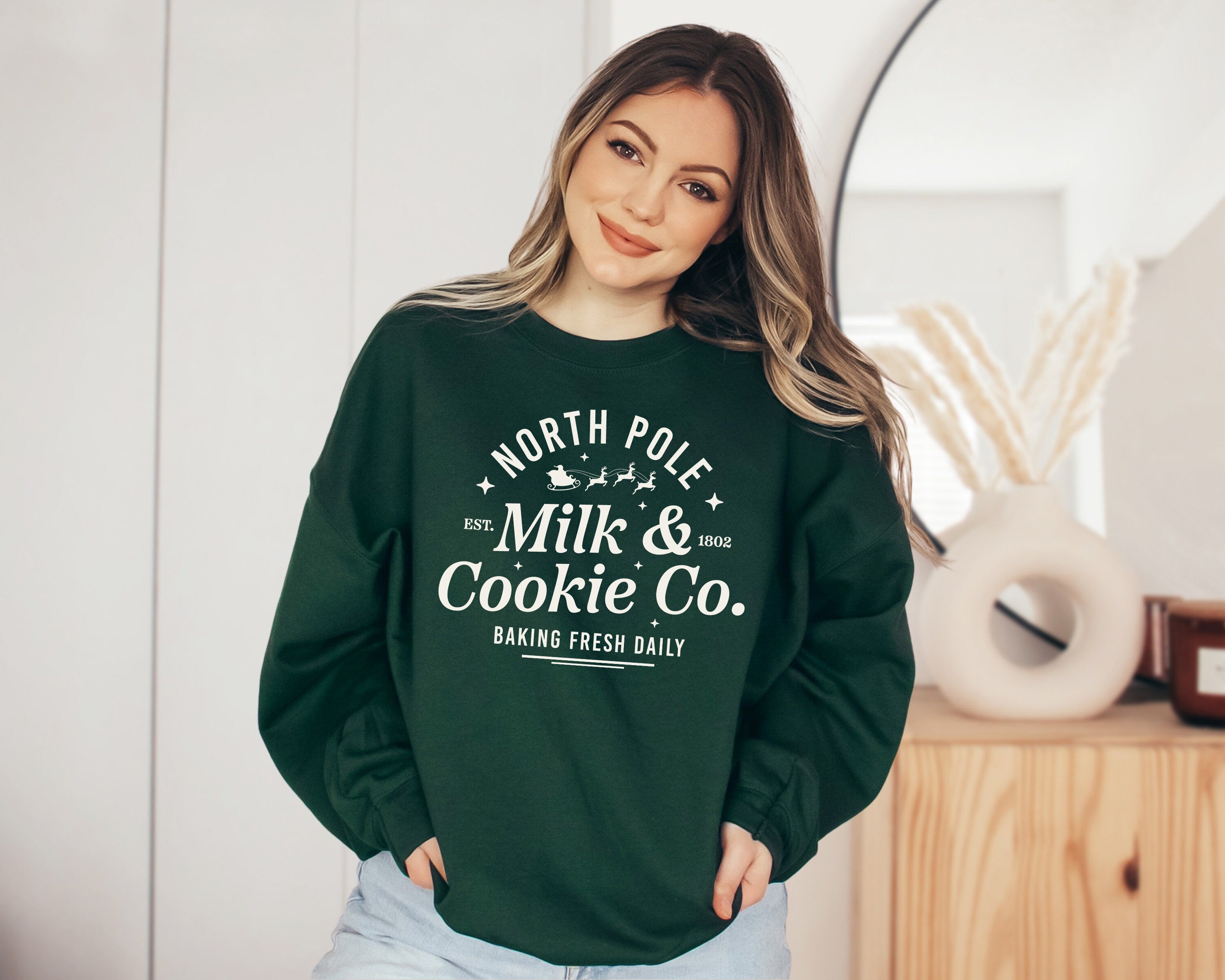 Milk and Cookies North Sweater, Vintage Christmas, Christmas Sweatshirt, Women's Cute Santa, Xmas Graphic Pullover, Holiday Ugly Sweater