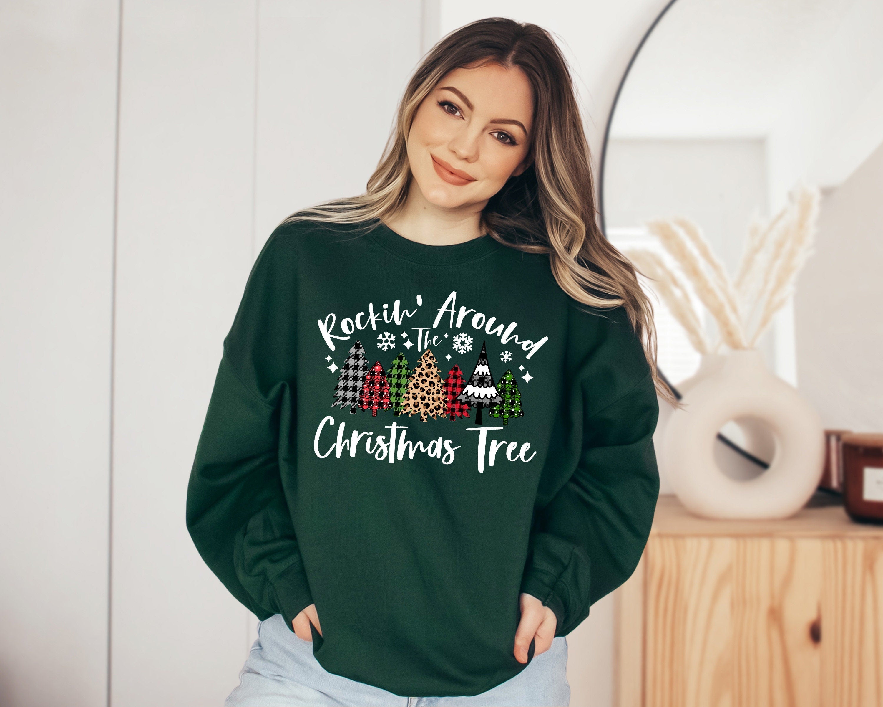 Rockin' Around Sweater, Vintage Christmas, Christmas Tree Sweatshirt, Womens Cute Santa, Xmas Graphic Pullover, Holiday Ugly Sweater