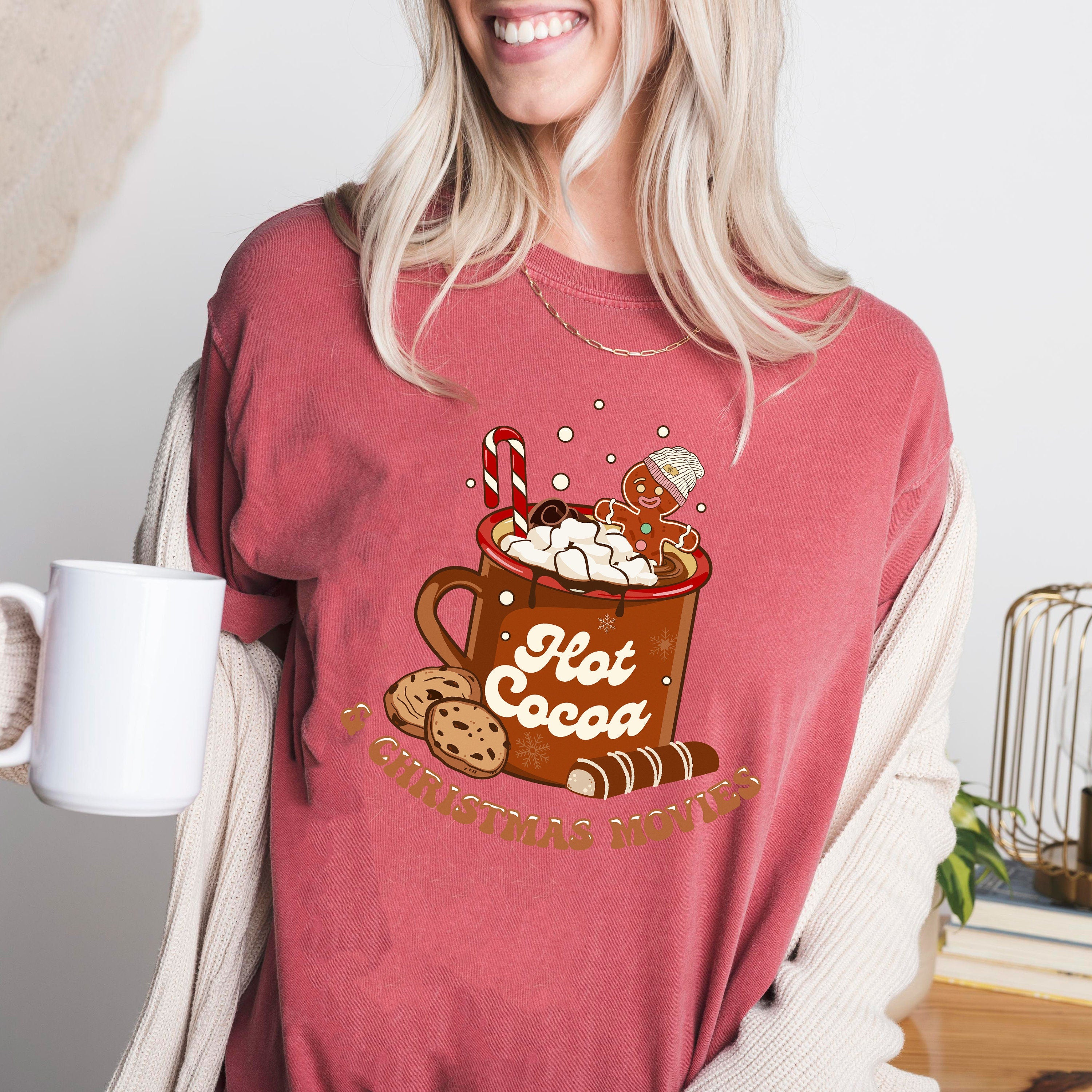 Retro Christmas Comfort Colors Shirt, Hot Cocoa and Movies Shirt, Vintage Santa Christmas Shirt, Retro Holiday Shirt, Ugly Sweater Shirt