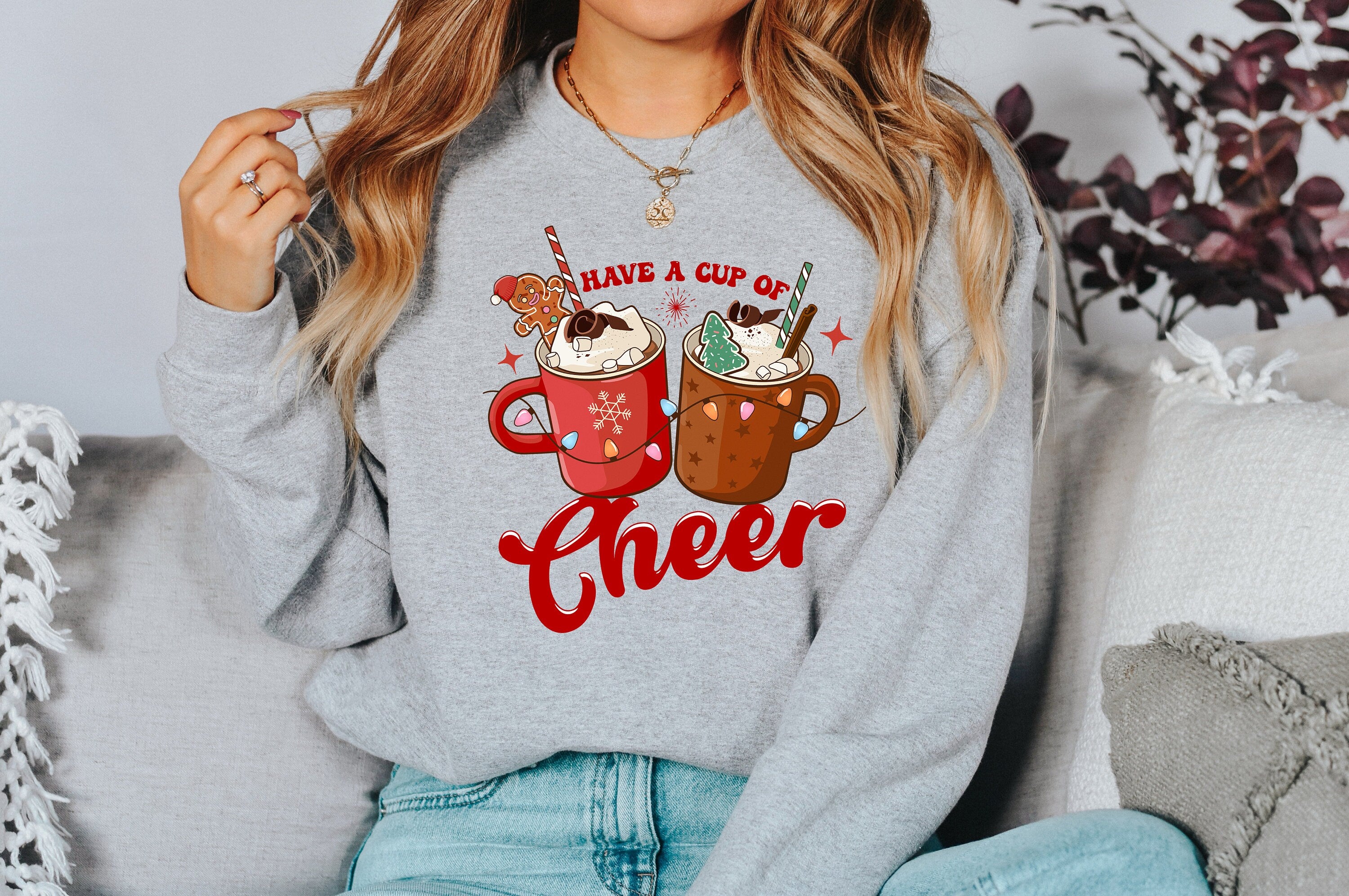 Have a Cup of Cheer Cocoa Sweater, Vintage Christmas, Christmas Sweatshirt, Women's Cute Santa, Xmas Graphic Pullover, Holiday Ugly Sweater