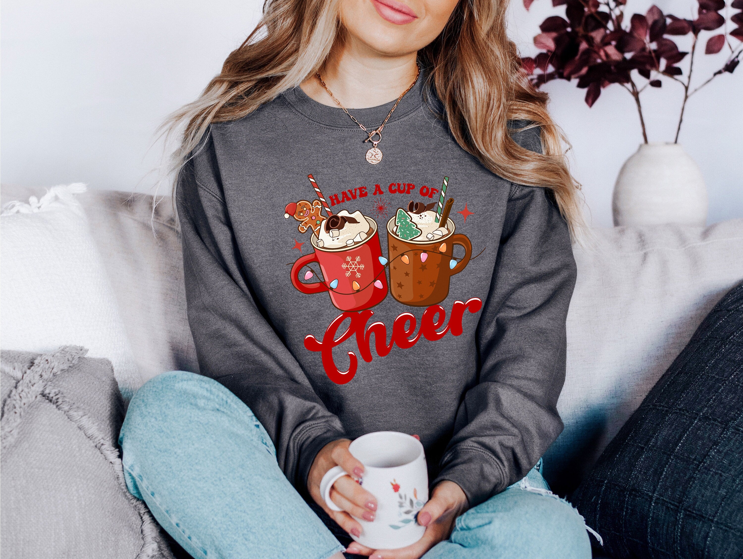 Have a Cup of Cheer Cocoa Sweater, Vintage Christmas, Christmas Sweatshirt, Women's Cute Santa, Xmas Graphic Pullover, Holiday Ugly Sweater