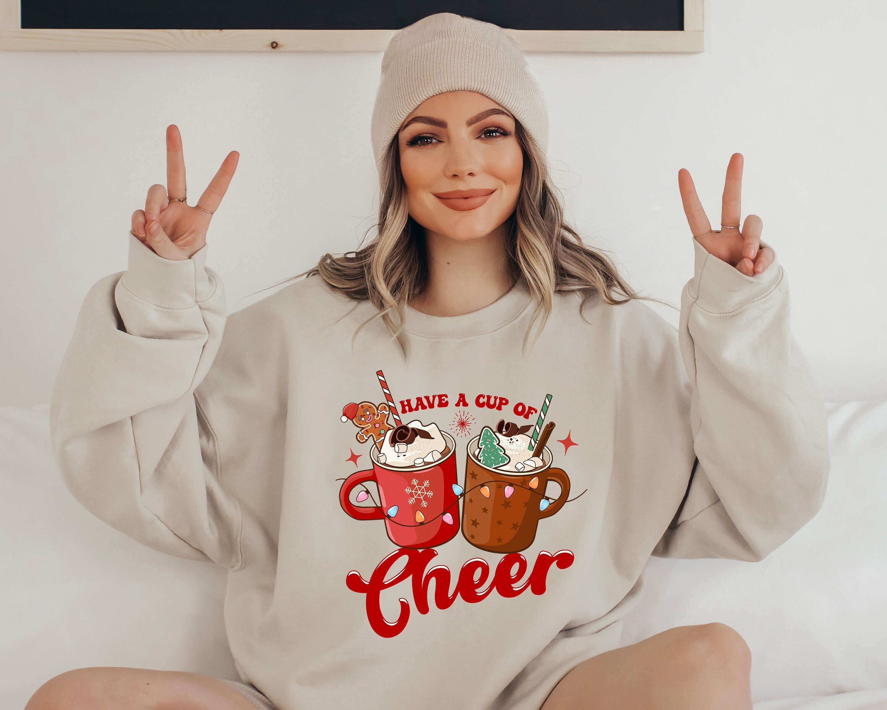 Have a Cup of Cheer Cocoa Sweater, Vintage Christmas, Christmas Sweatshirt, Women's Cute Santa, Xmas Graphic Pullover, Holiday Ugly Sweater