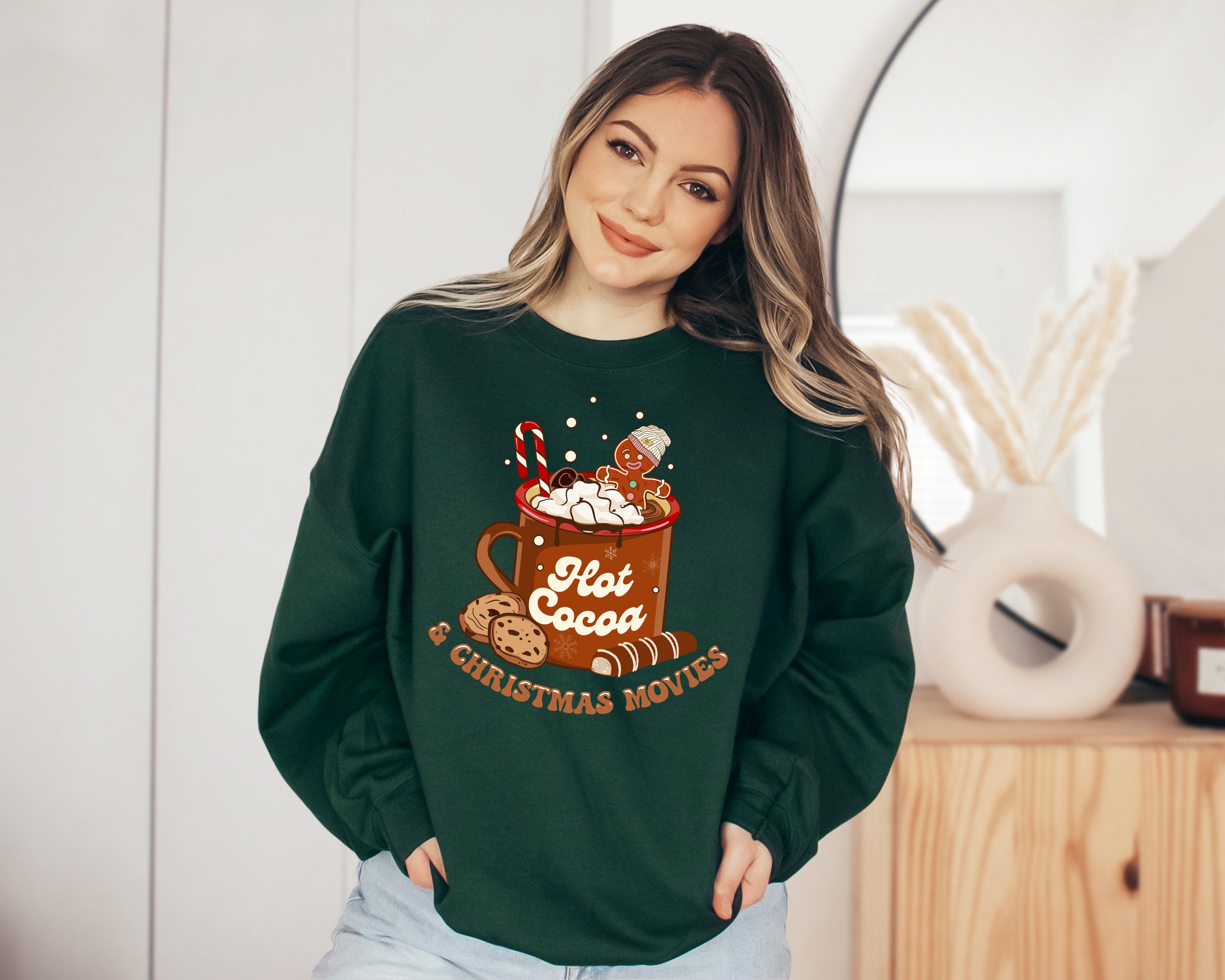 Hot Cocoa And Christmas Movies Sweater, Vintage Christmas Sweatshirt, Women's Cute Santa, Xmas Graphic Pullover, Holiday Ugly Sweater