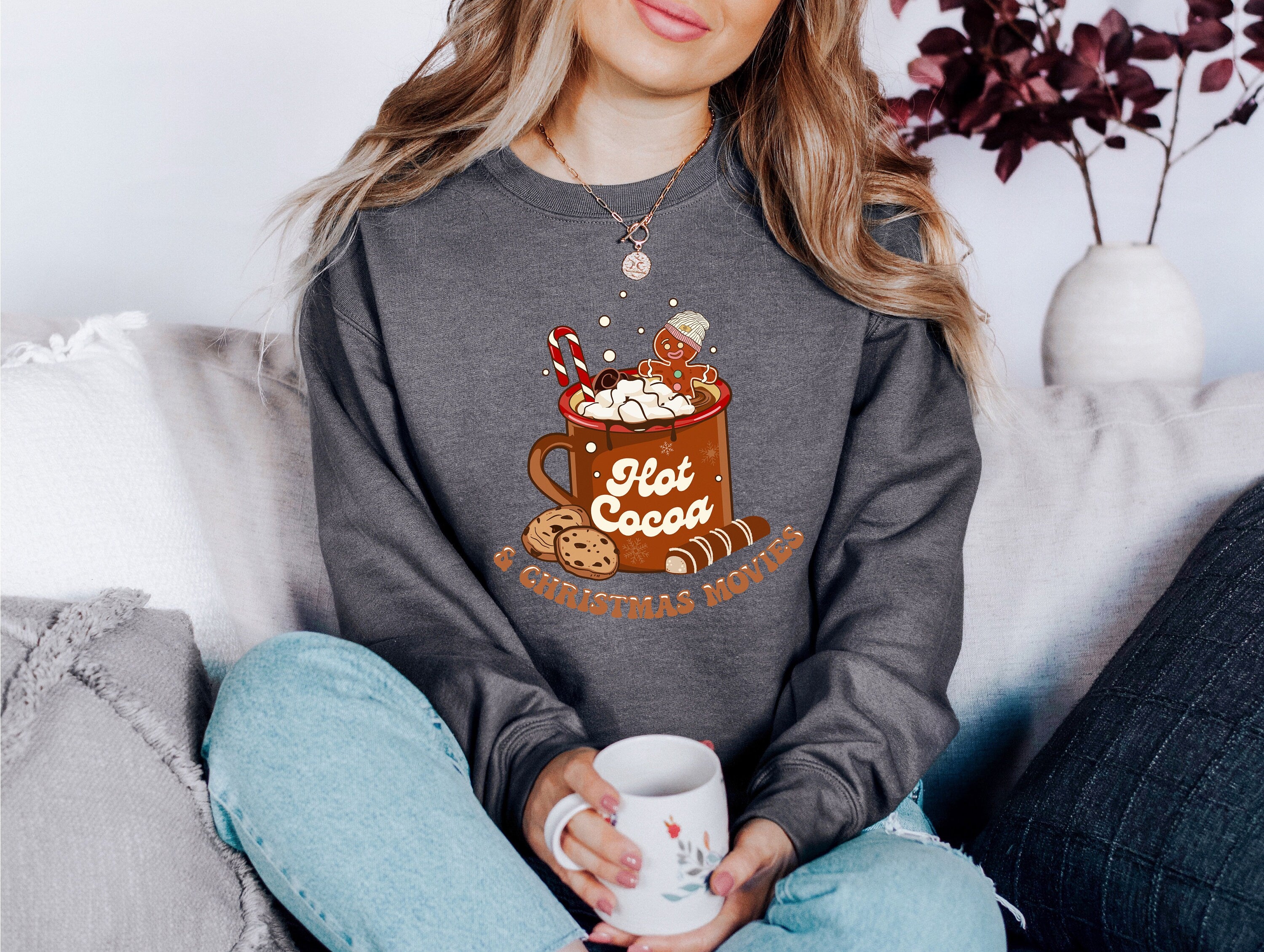 Hot Cocoa And Christmas Movies Sweater, Vintage Christmas Sweatshirt, Women's Cute Santa, Xmas Graphic Pullover, Holiday Ugly Sweater