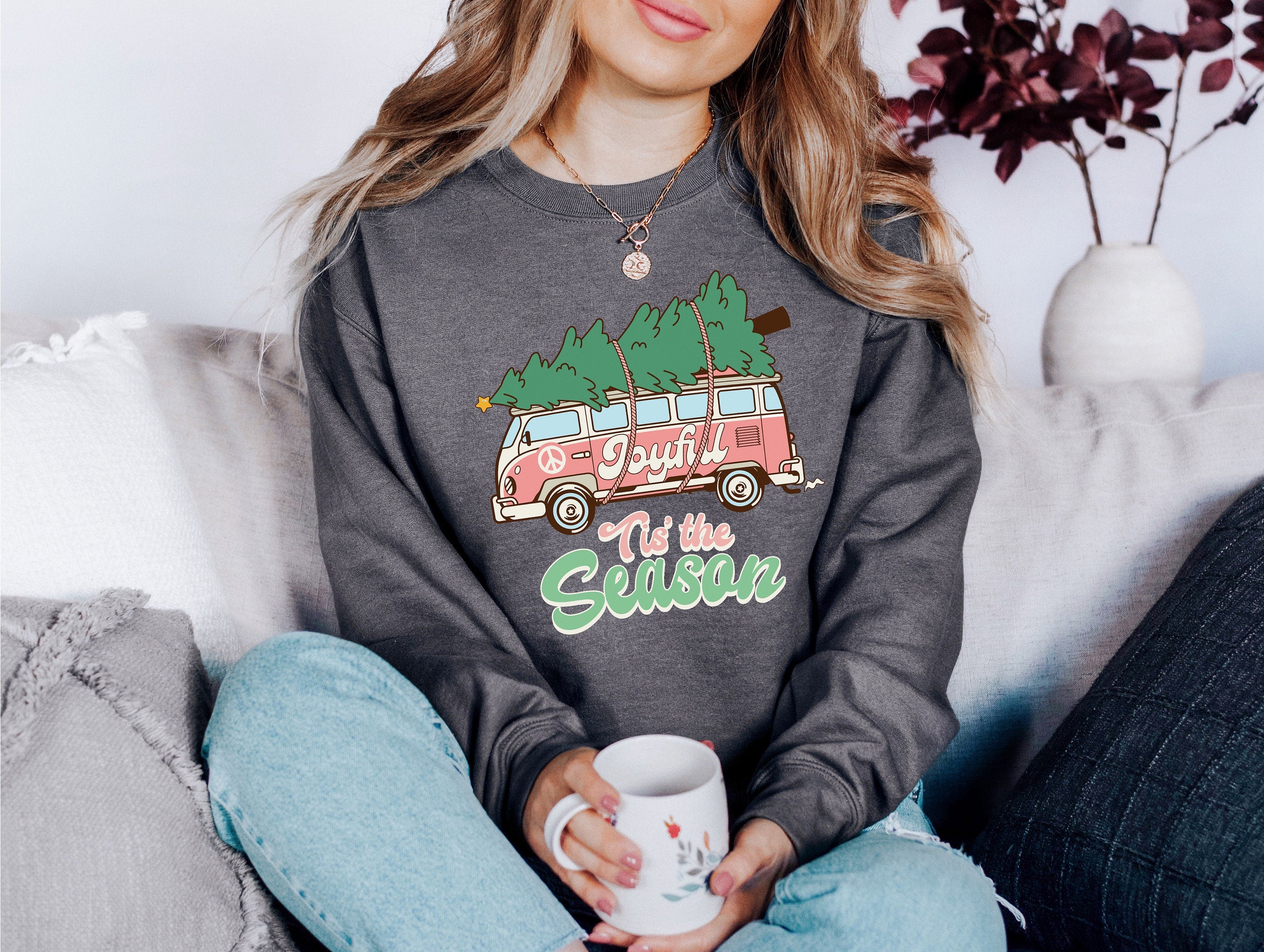 Tis The Season Van Sweater, Vintage Christmas, Christmas Sweatshirt, Women's Cute Santa, Xmas Graphic Pullover, Holiday Ugly Sweater