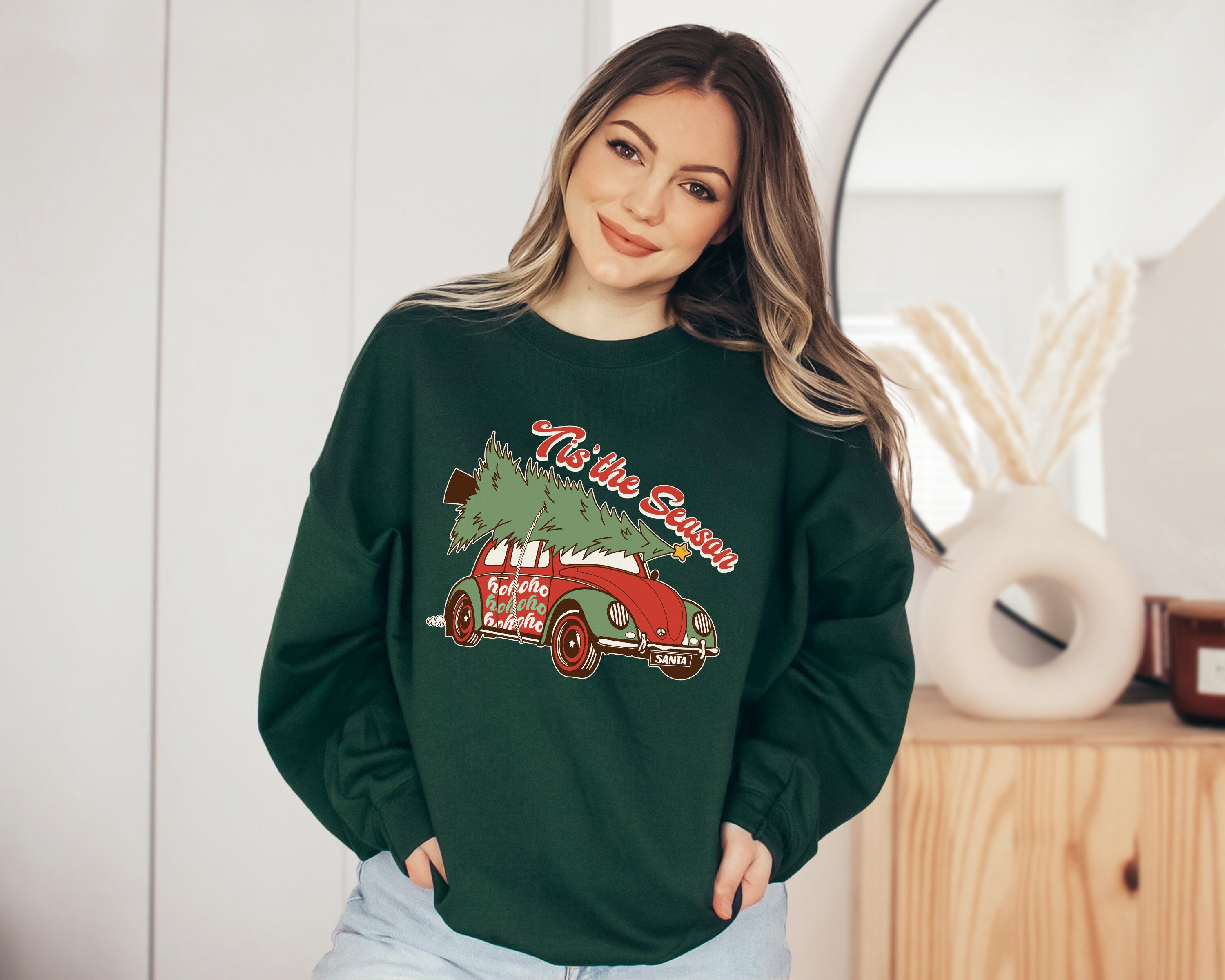 Tis The Season Van Sweater, Vintage Christmas, Christmas Sweatshirt, Women's Cute Santa, Xmas Graphic Pullover, Holiday Ugly Sweater