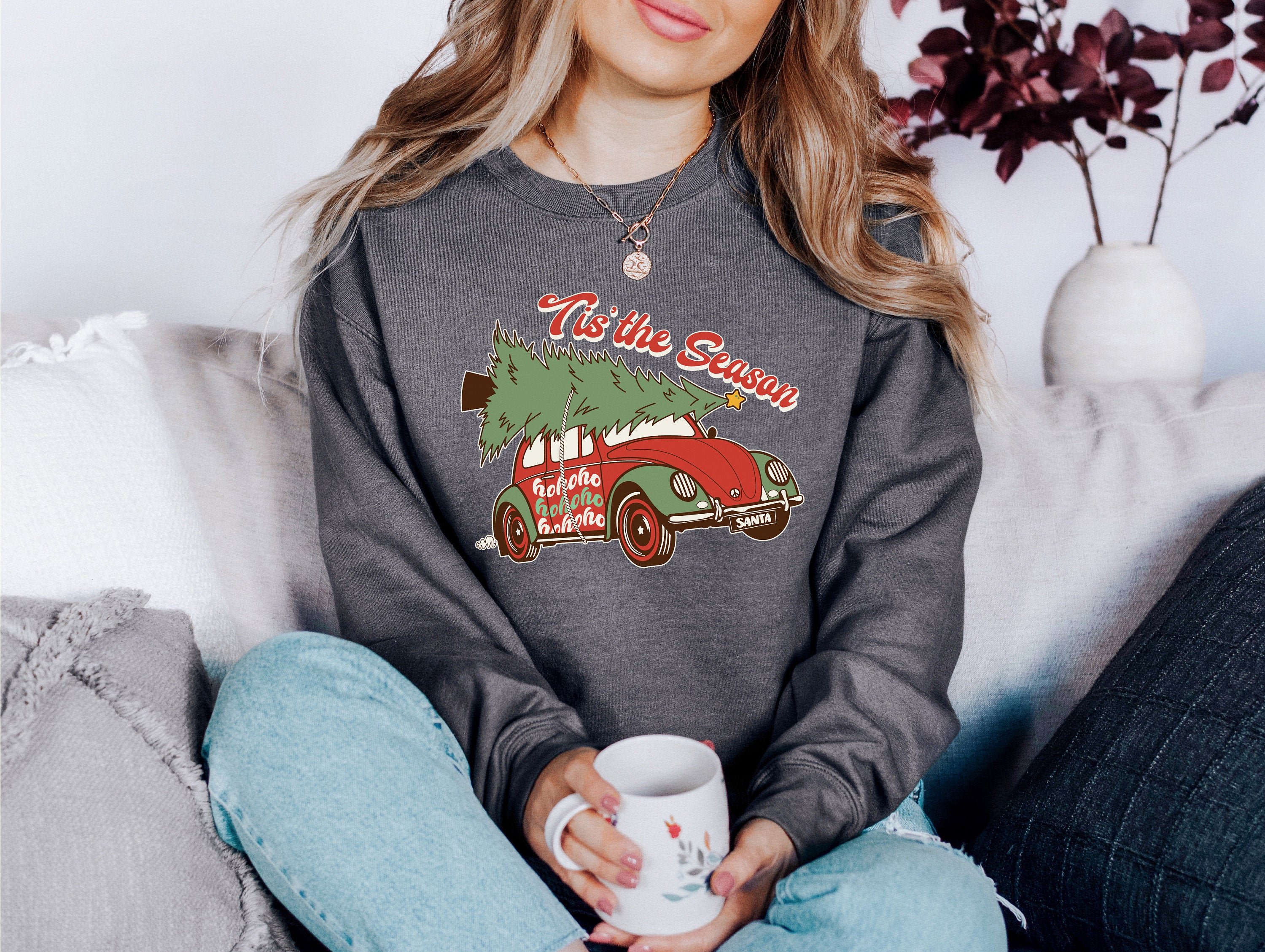 Tis The Season Van Sweater, Vintage Christmas, Christmas Sweatshirt, Women's Cute Santa, Xmas Graphic Pullover, Holiday Ugly Sweater