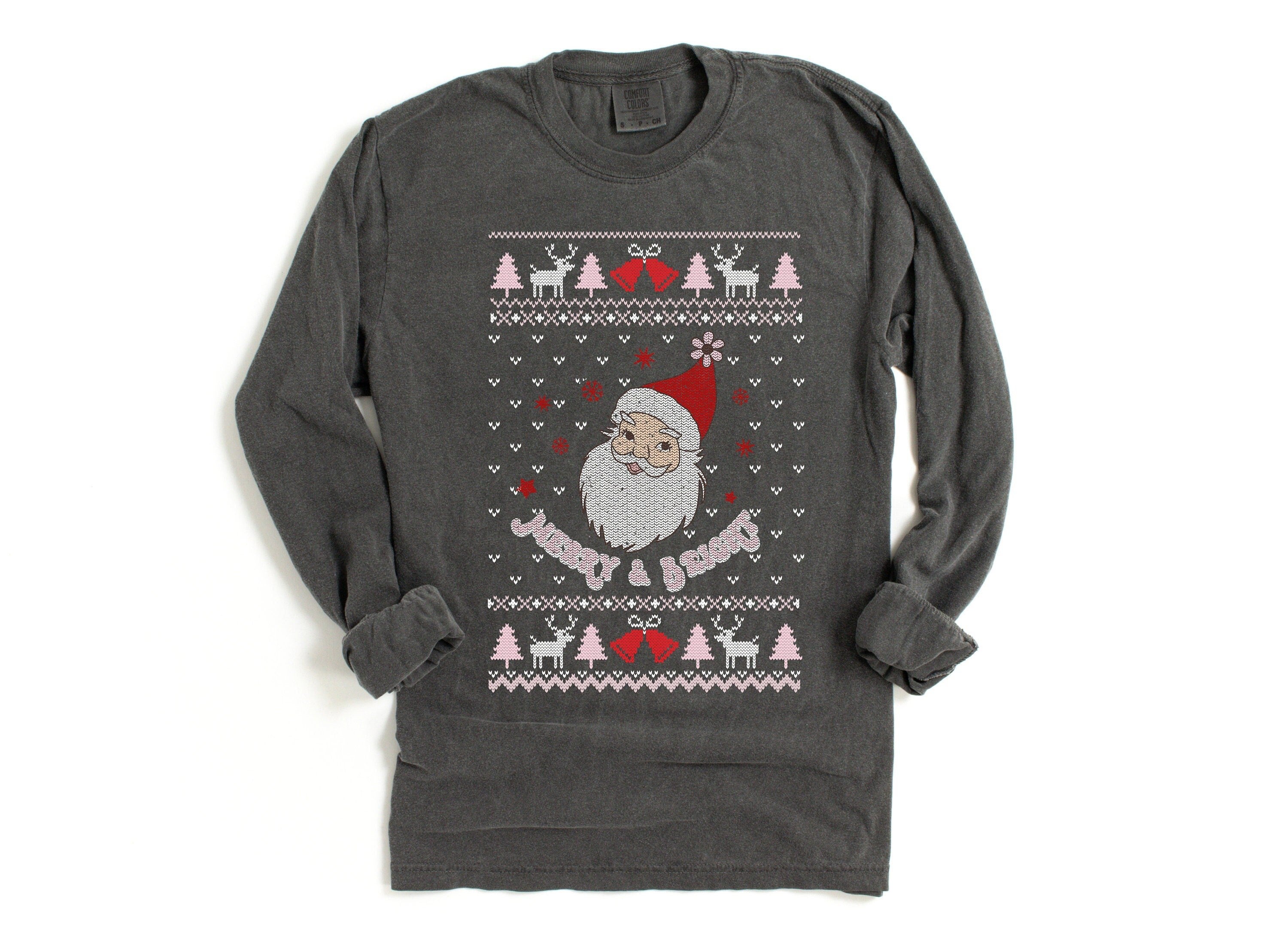Long Sleeve Retro Christmas Comfort Colors shirt, Merry and Bright Santa Slay, Vintage Holiday Shirt, Santa Shirt, Retro Ugly Sweater