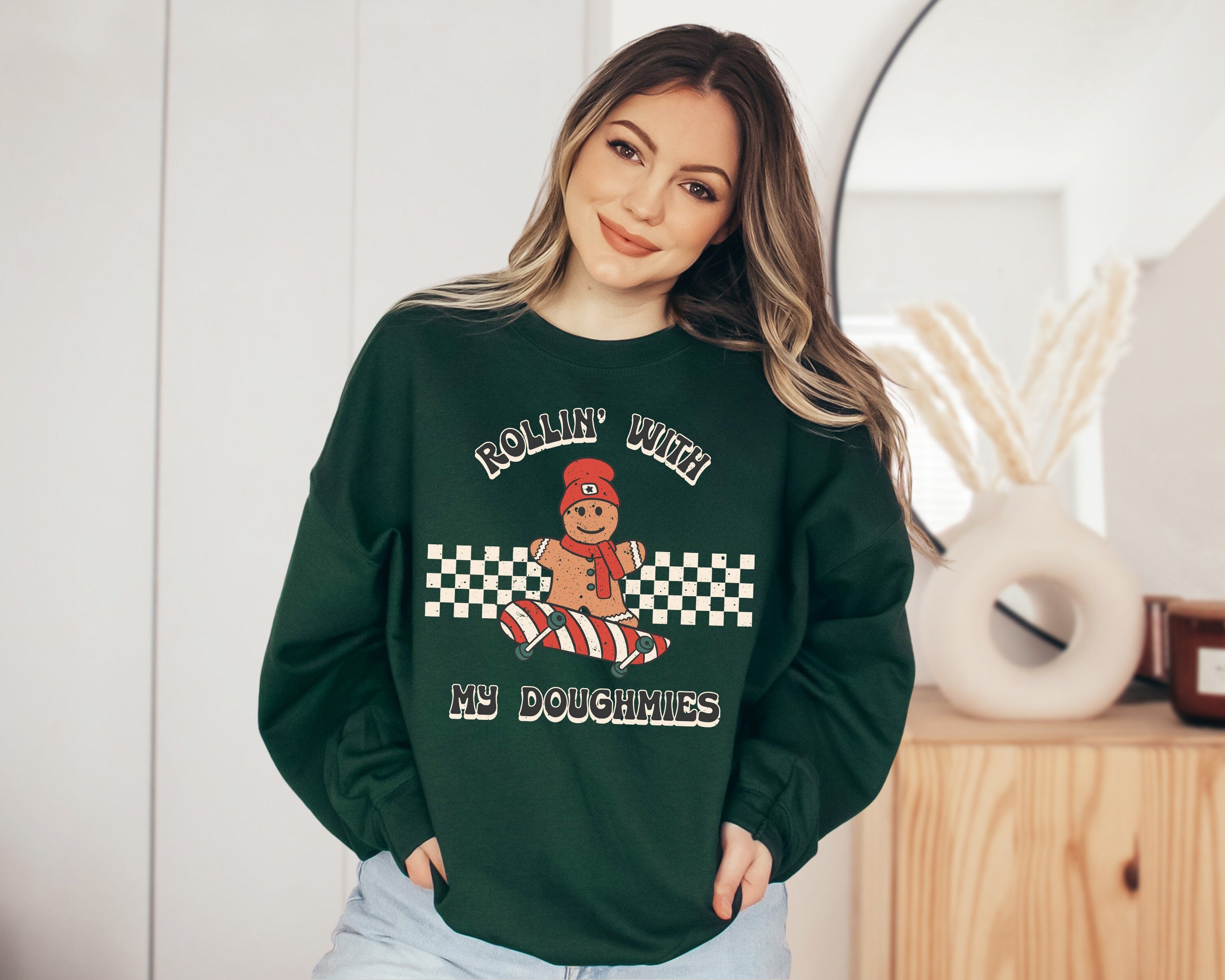 Rollin With My Doughmies Sweater, Vintage Christmas, Christmas Sweatshirt, Women's Cute Santa, Xmas Graphic Pullover, Holiday Ugly Sweater