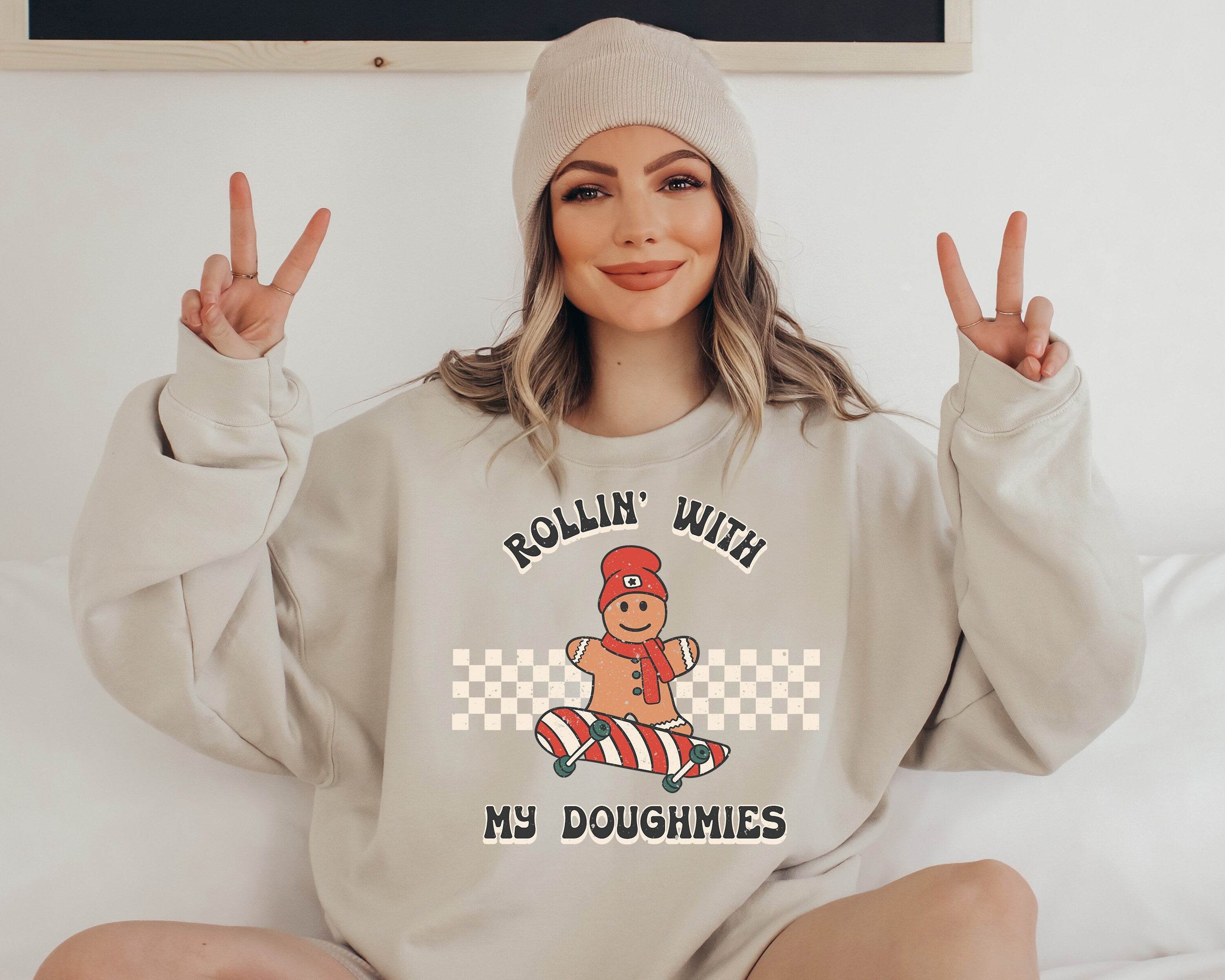 Rollin With My Doughmies Sweater, Vintage Christmas, Christmas Sweatshirt, Women's Cute Santa, Xmas Graphic Pullover, Holiday Ugly Sweater