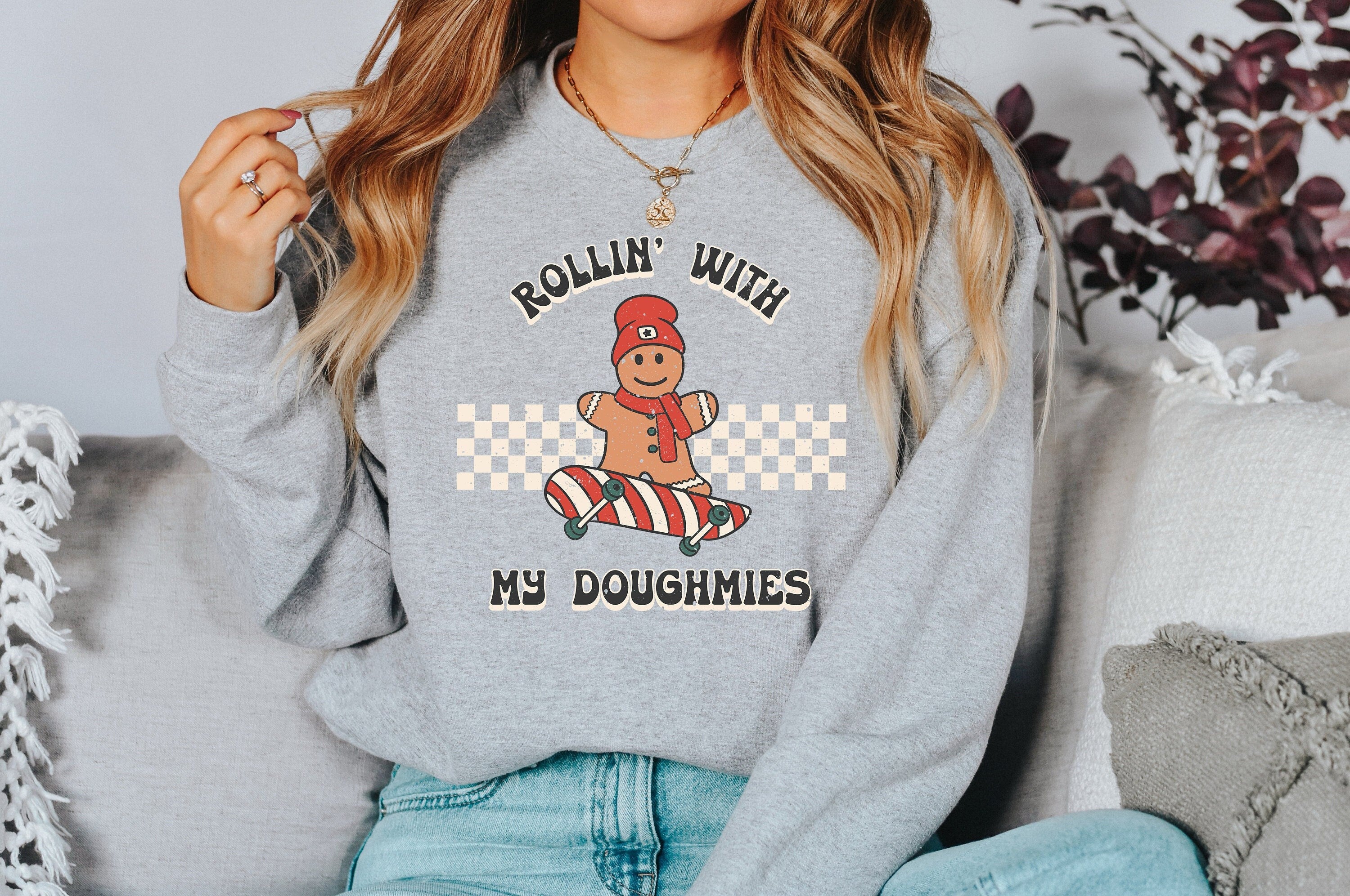 Rollin With My Doughmies Sweater, Vintage Christmas, Christmas Sweatshirt, Women's Cute Santa, Xmas Graphic Pullover, Holiday Ugly Sweater