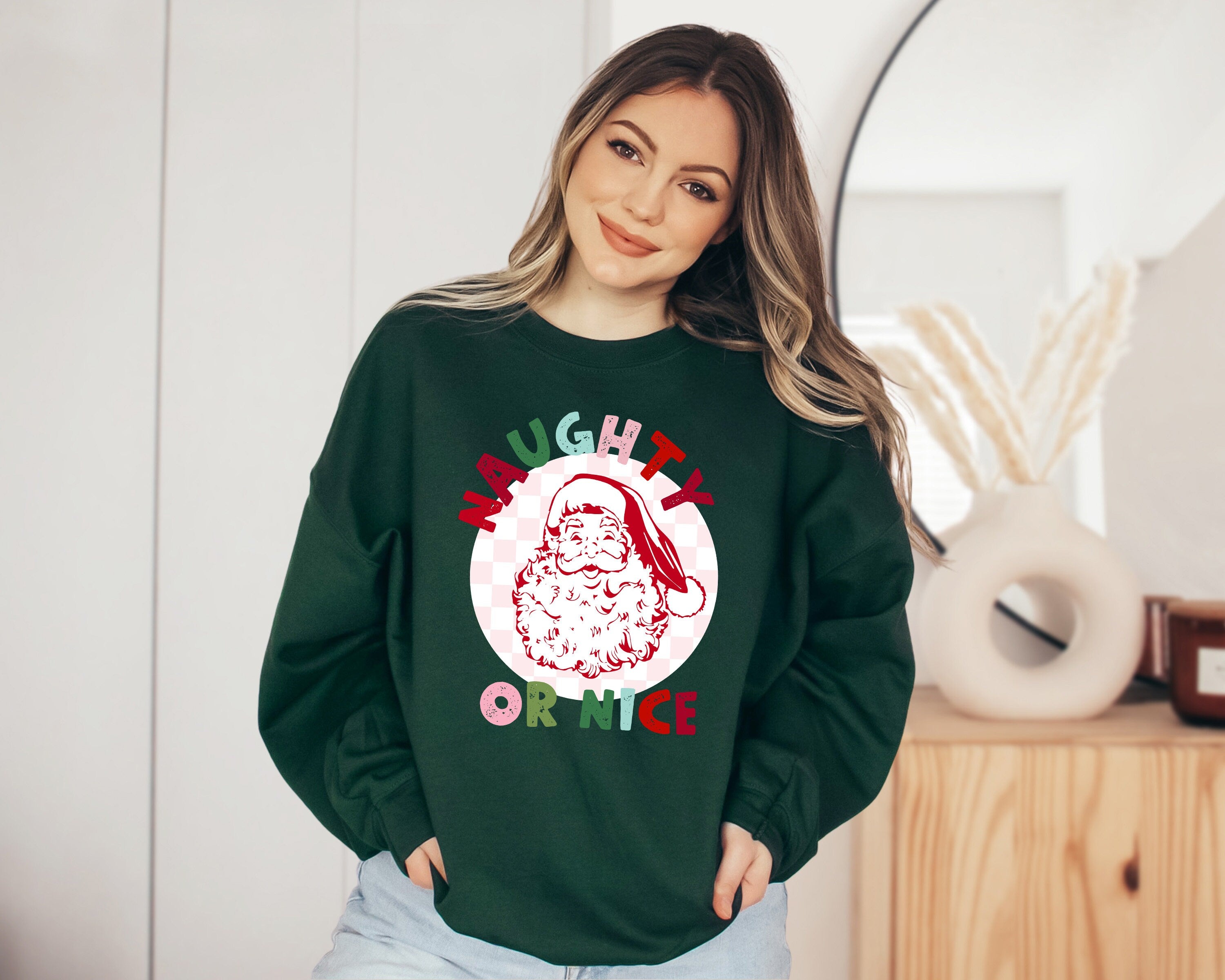 Naughty or Nice Santa Sweater, Vintage Christmas, Christmas Sweatshirt, Women's Cute Santa, Xmas Graphic Pullover, Holiday Ugly Sweater