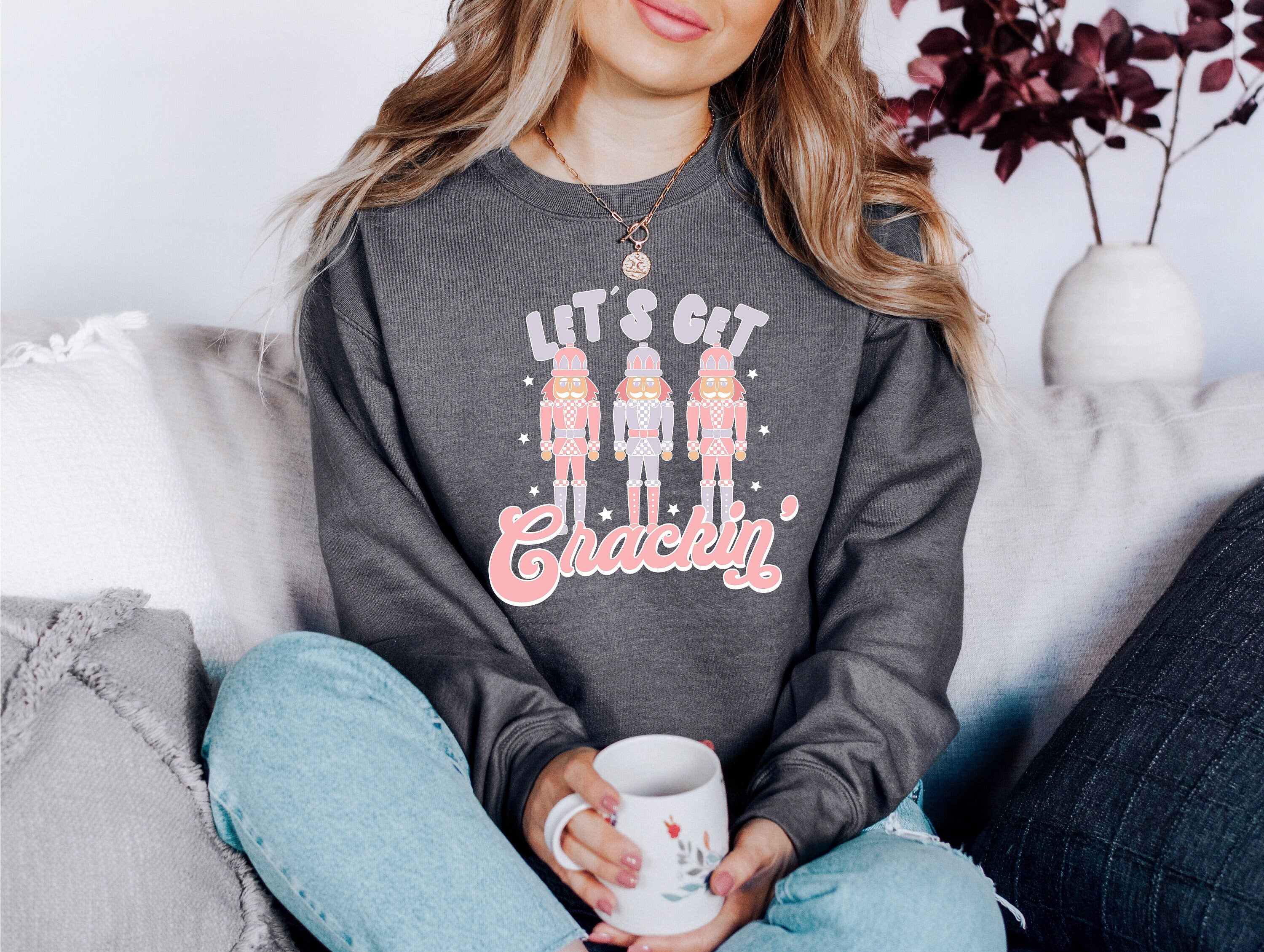 Let's Get Crackin' Sweater, Vintage Christmas, Christmas Sweatshirt, Women's Cute Santa, Xmas Graphic Pullover, Holiday Ugly Sweater